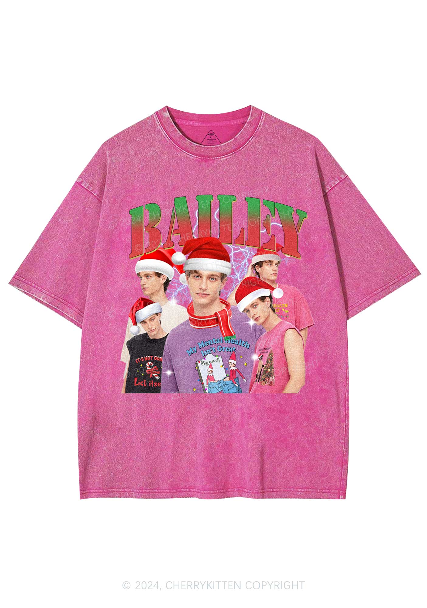 Christmas Custom Portrait Y2K Washed Tee Cherrykitten - Image 4