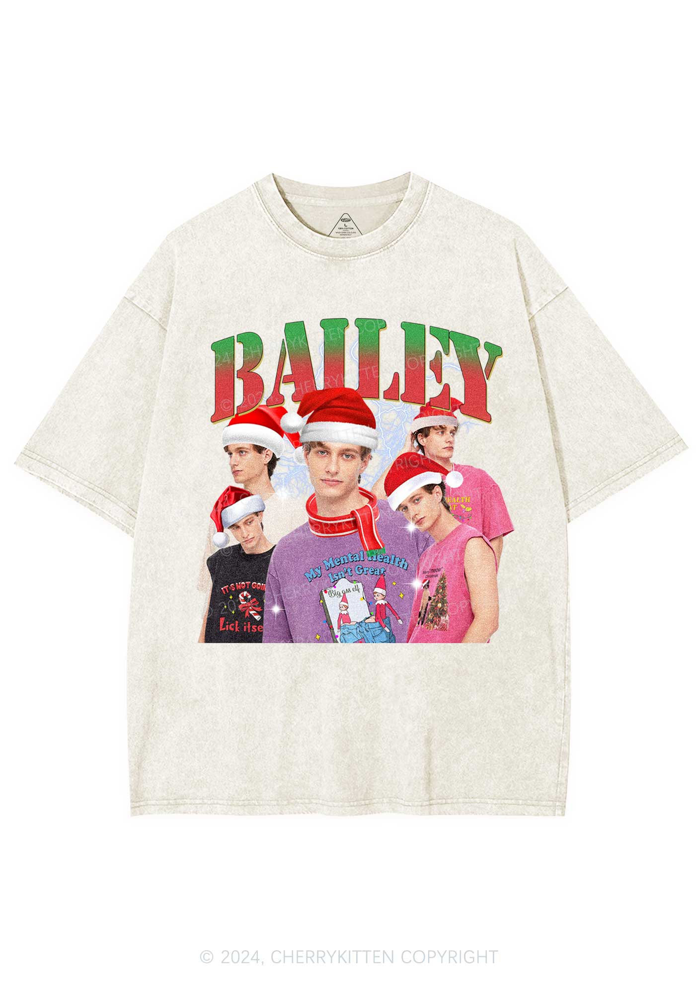 Christmas Custom Portrait Y2K Washed Tee Cherrykitten - Image 5