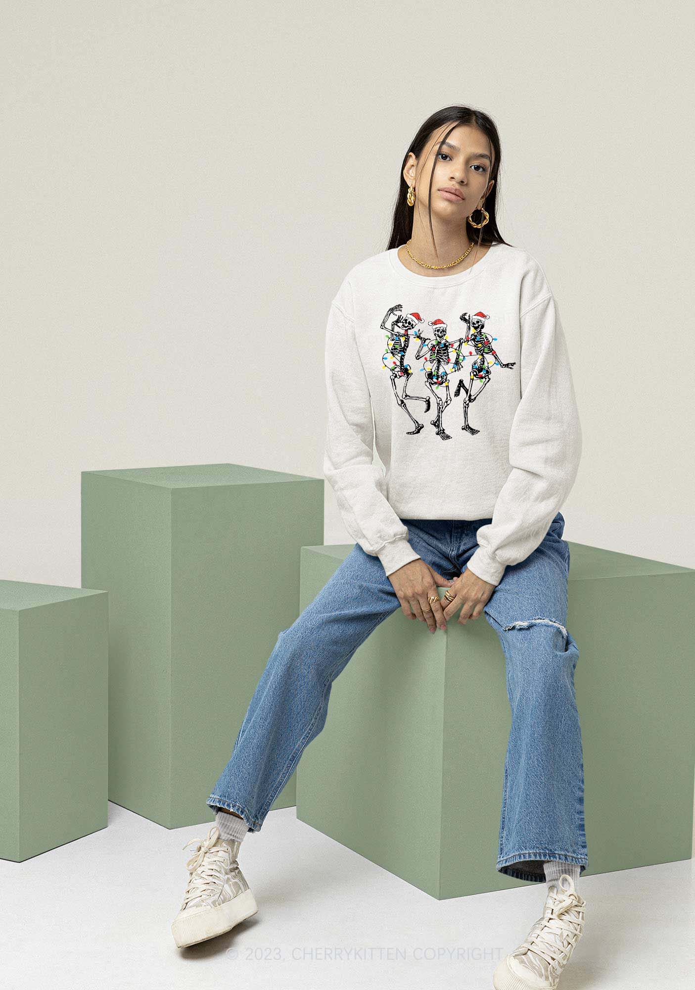 Christmas Dancing Skeletons Y2K Sweatshirt Cherrykitten - Image 2