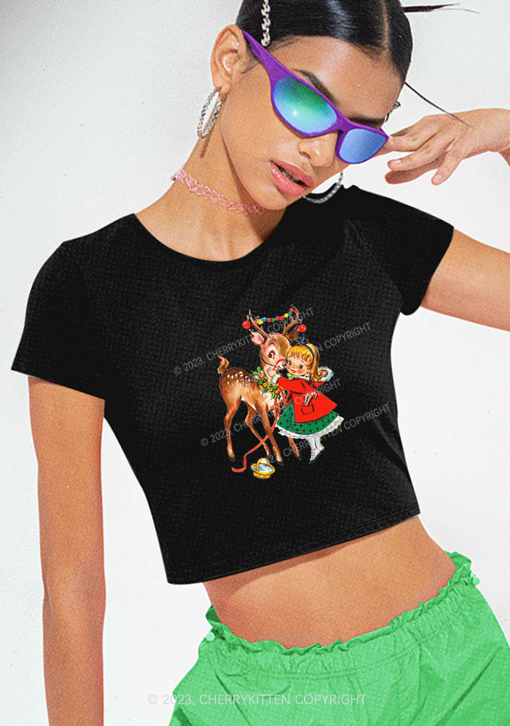 Christmas Girl and Reindeer Y2K Baby Tee Cherrykitten - Image 2