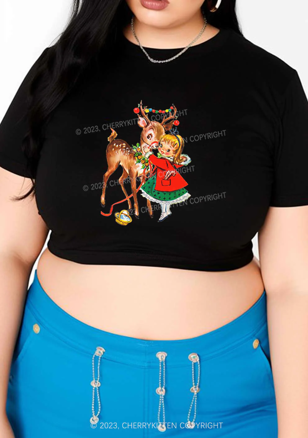 Christmas Girl and Reindeer Y2K Baby Tee Cherrykitten - Image 6