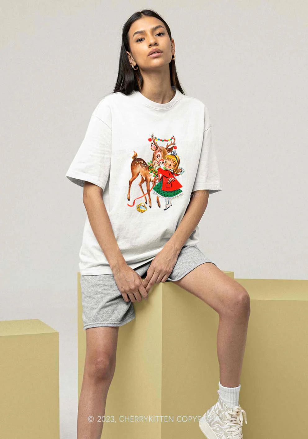 Christmas Girl and Reindeer Y2K Chunky Shirt Cherrykitten - Image 2