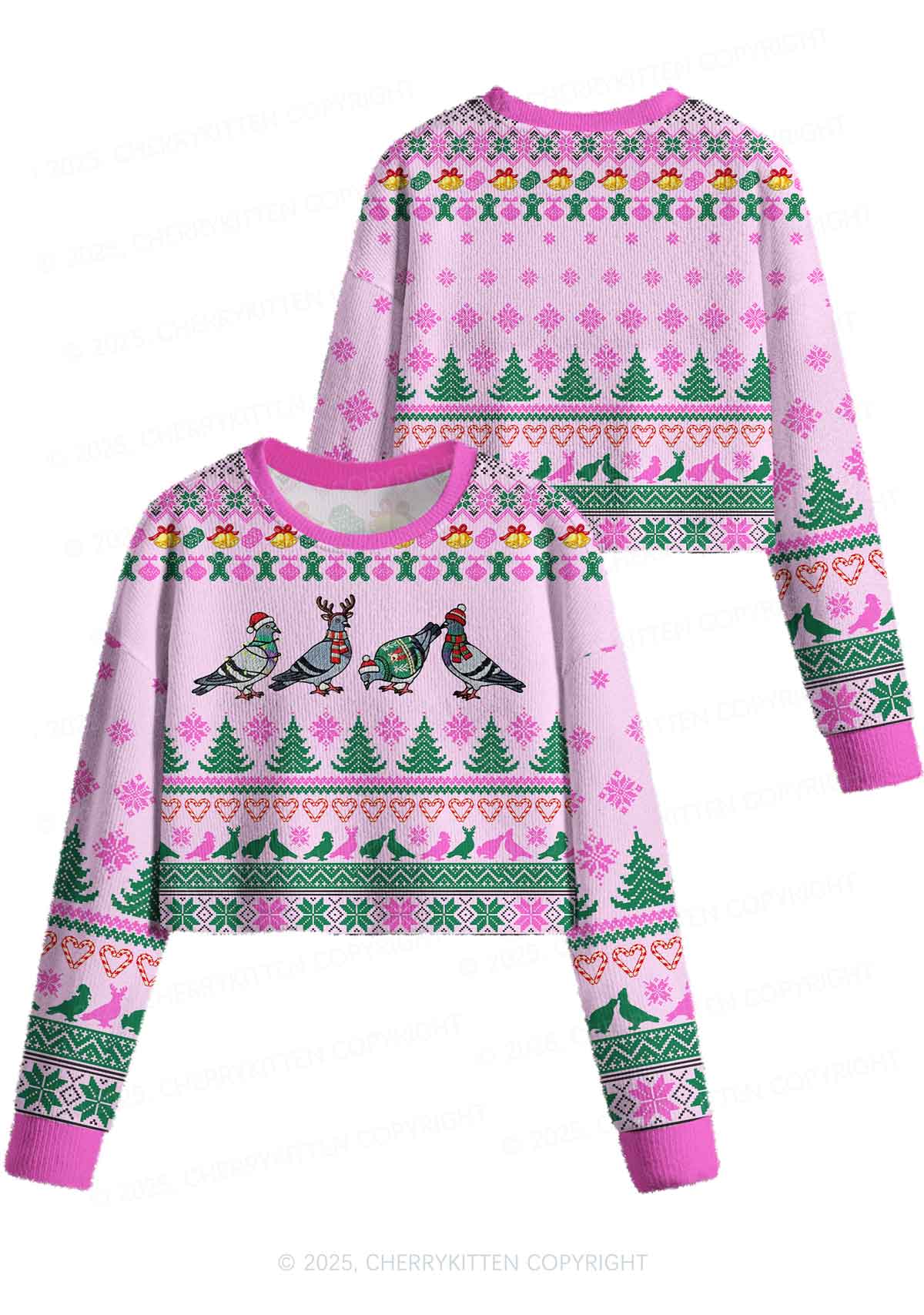 Christmas Pigeon Y2K Christmas Crop Knit Sweatshirt Cherrykitten - Image 3