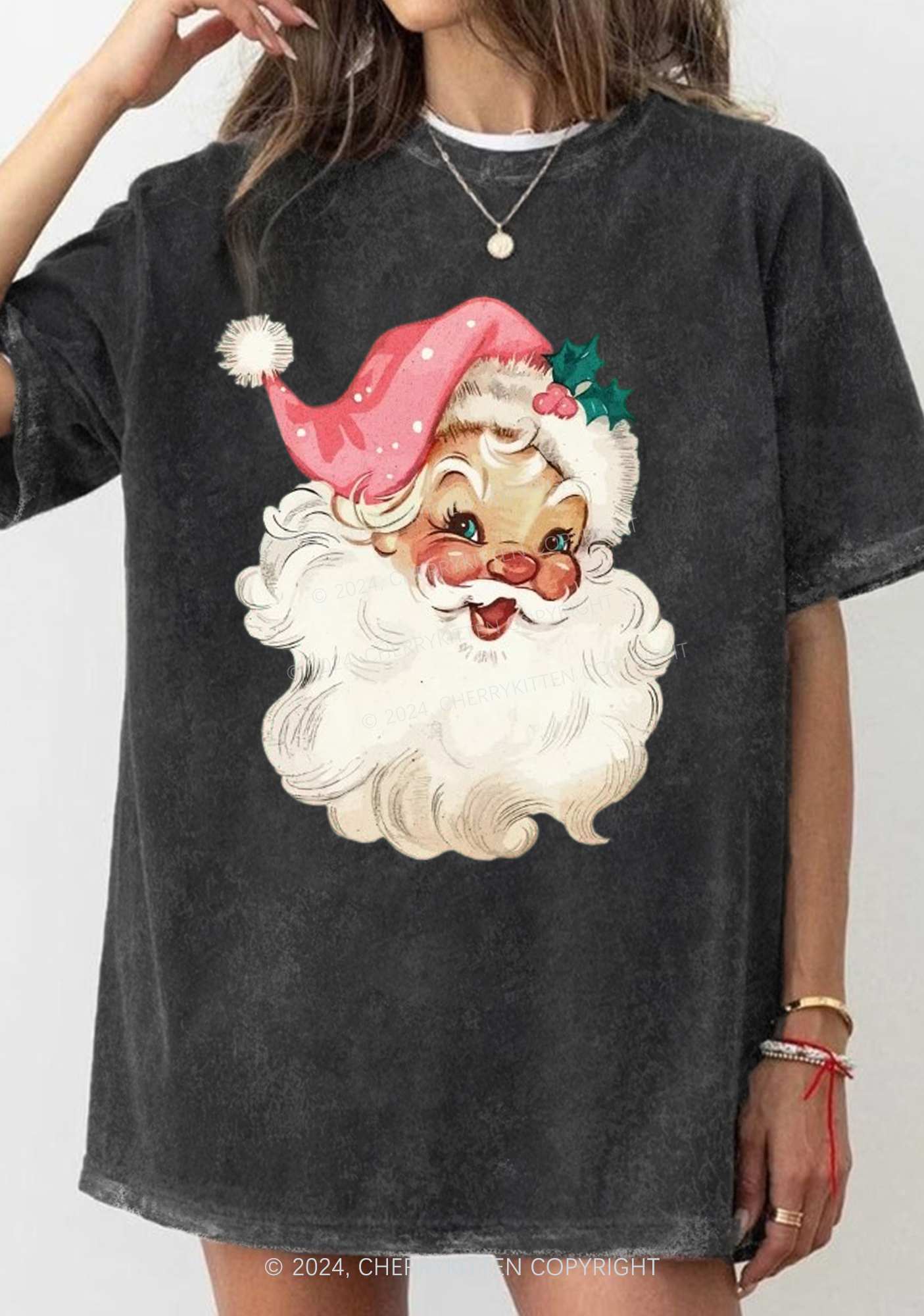 Christmas Pink Santa Y2K Washed Tee Cherrykitten - Image 2