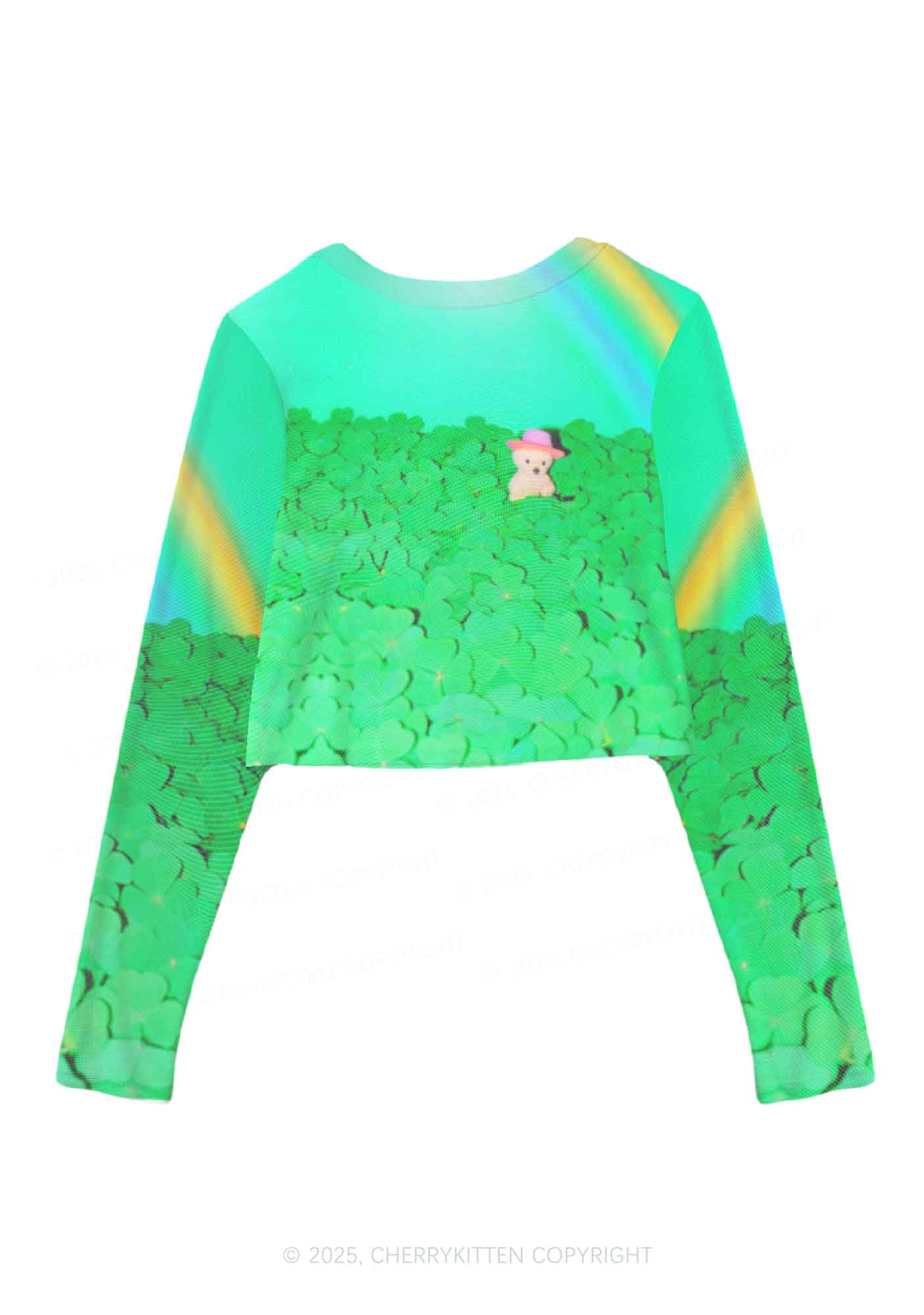Clover Bear St Patricks Y2K Mesh Long Sleeve Crop Top Cherrykitten - Image 2