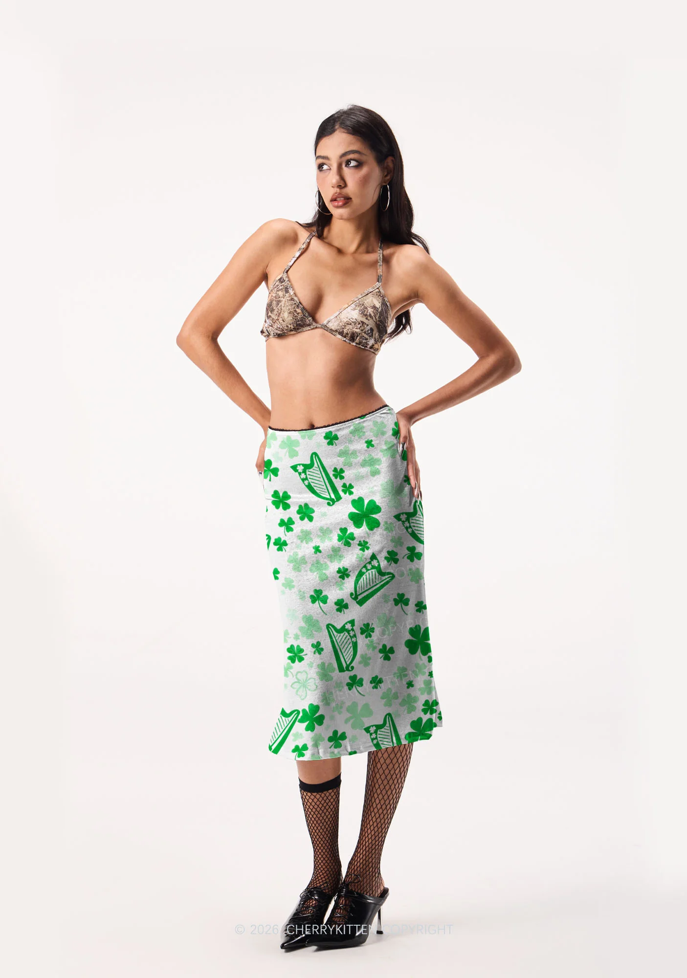 Clover Harp St Patricks Y2K Print Midi Skirt Cherrykitten - Image 2