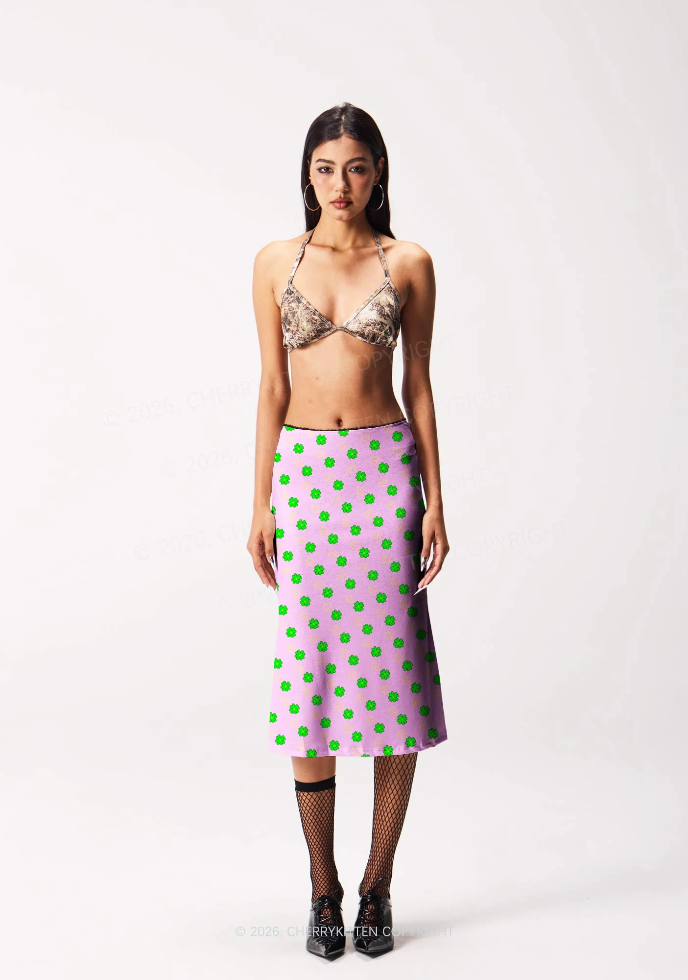Clover On Pink St Patricks Y2K Print Midi Skirt Cherrykitten - Image 2