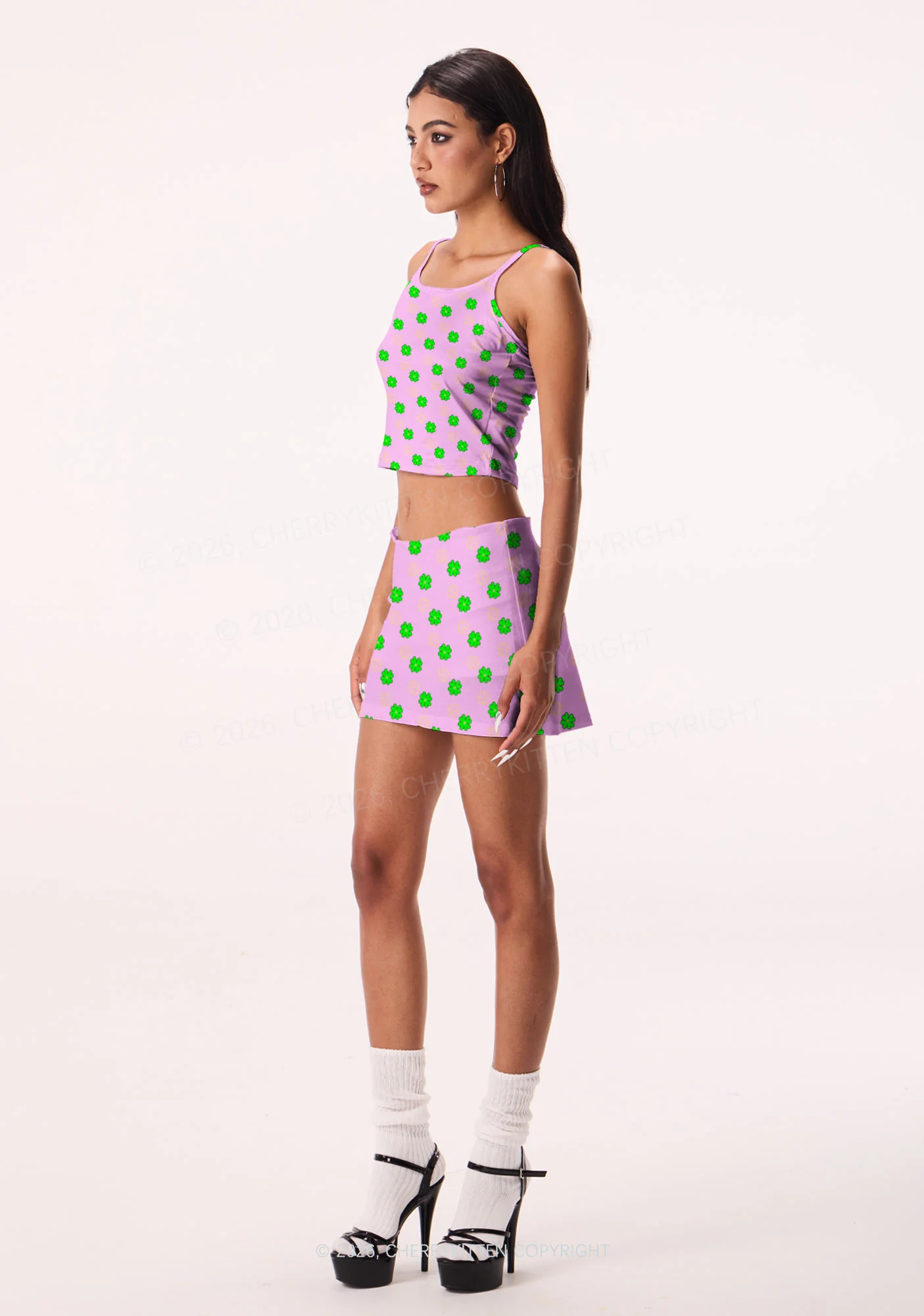 Clover On Pink St Patricks Y2K Print Mini Skirt Cherrykitten - Image 2