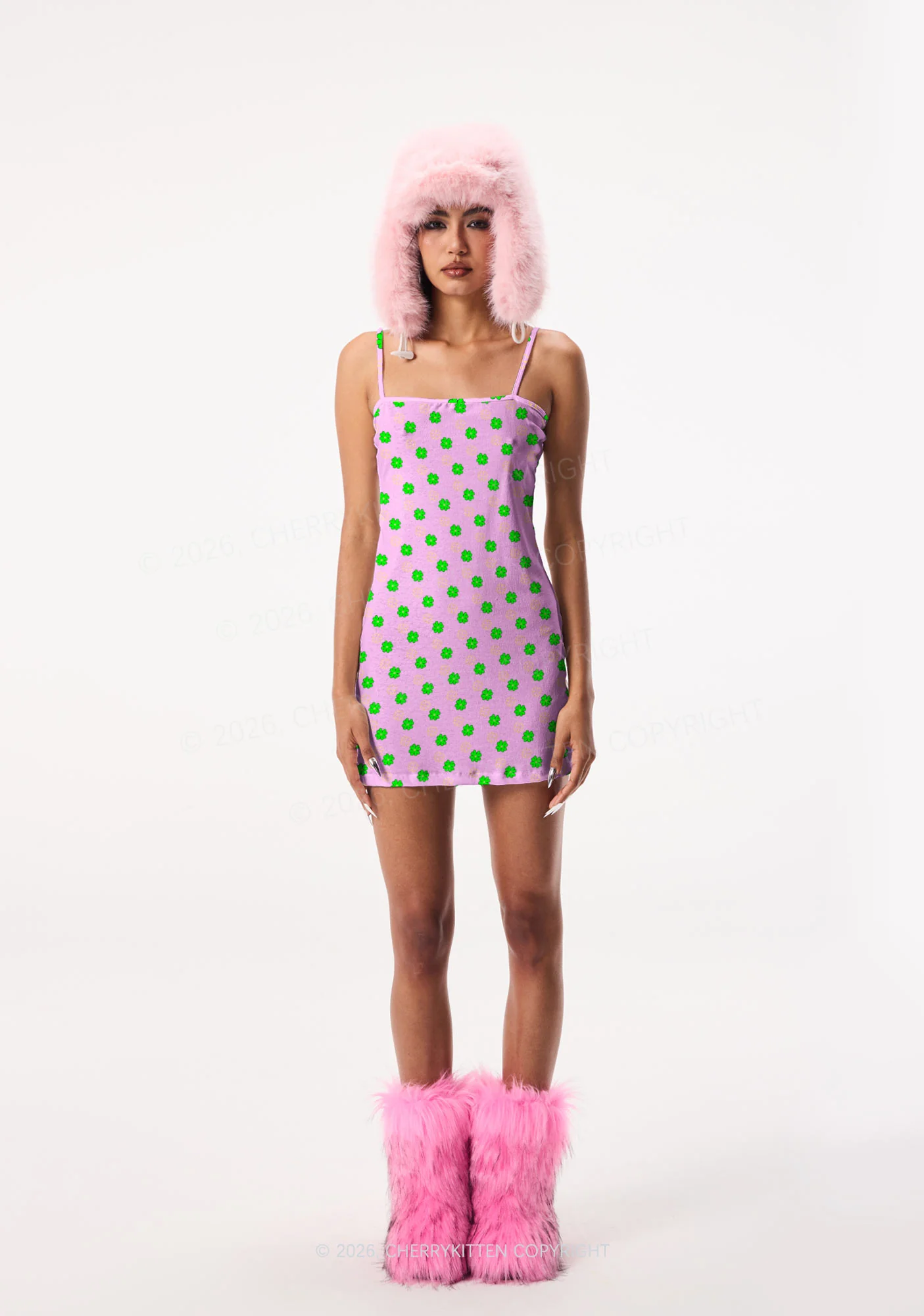 Clover On Pink St Patricks Y2K Print Slip Dress Cherrykitten - Image 2