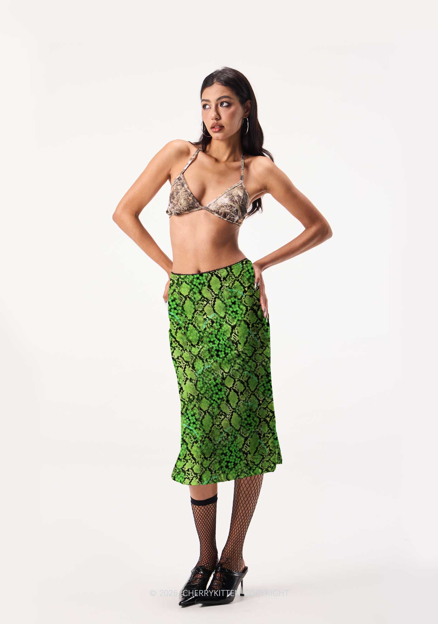 Clover Snake Pattern St Patricks Y2K Print Midi Skirt Cherrykitten - Image 2