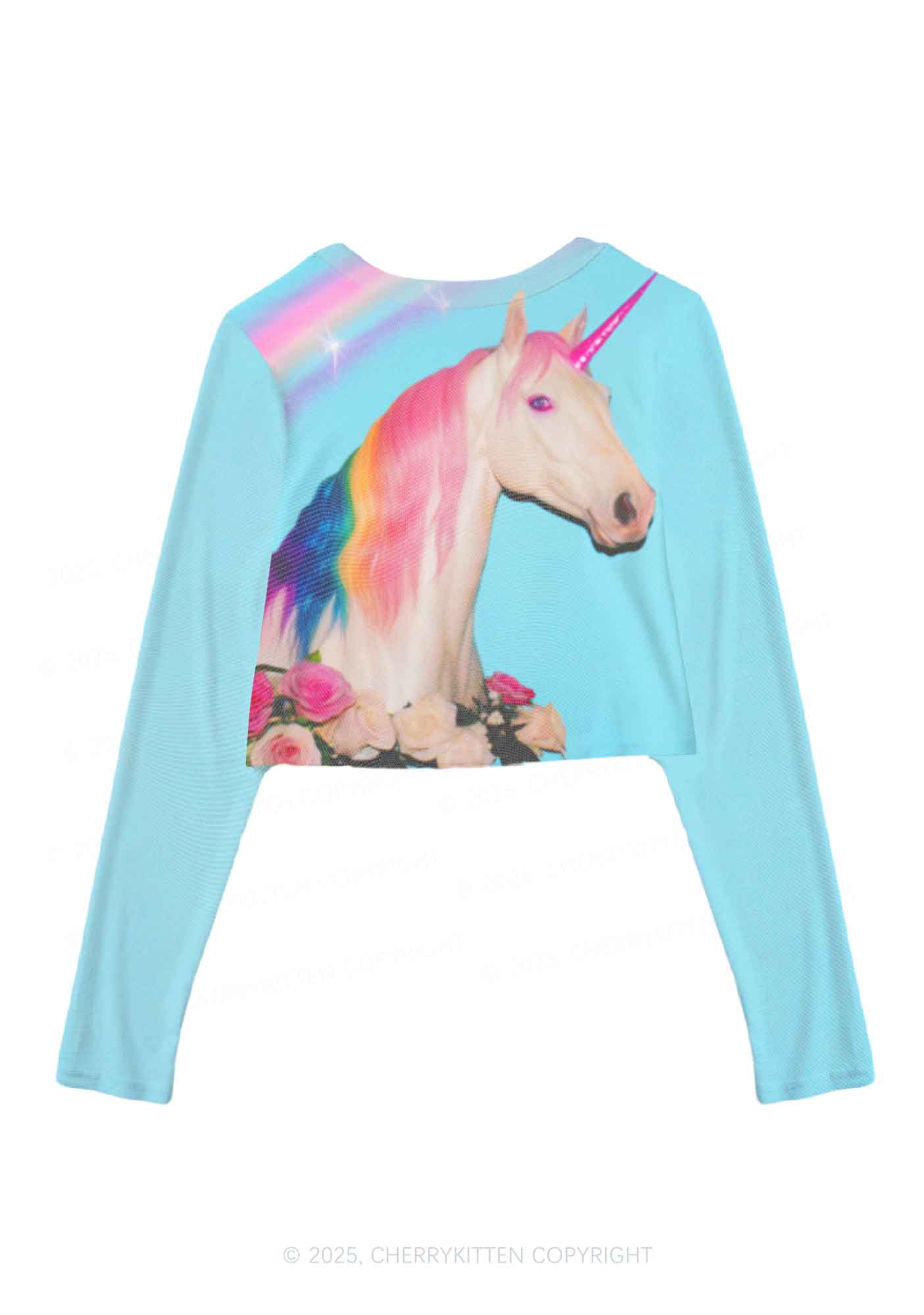 Colorful Unicorn Y2K Mesh Long Sleeve Crop Top Cherrykitten - Image 3