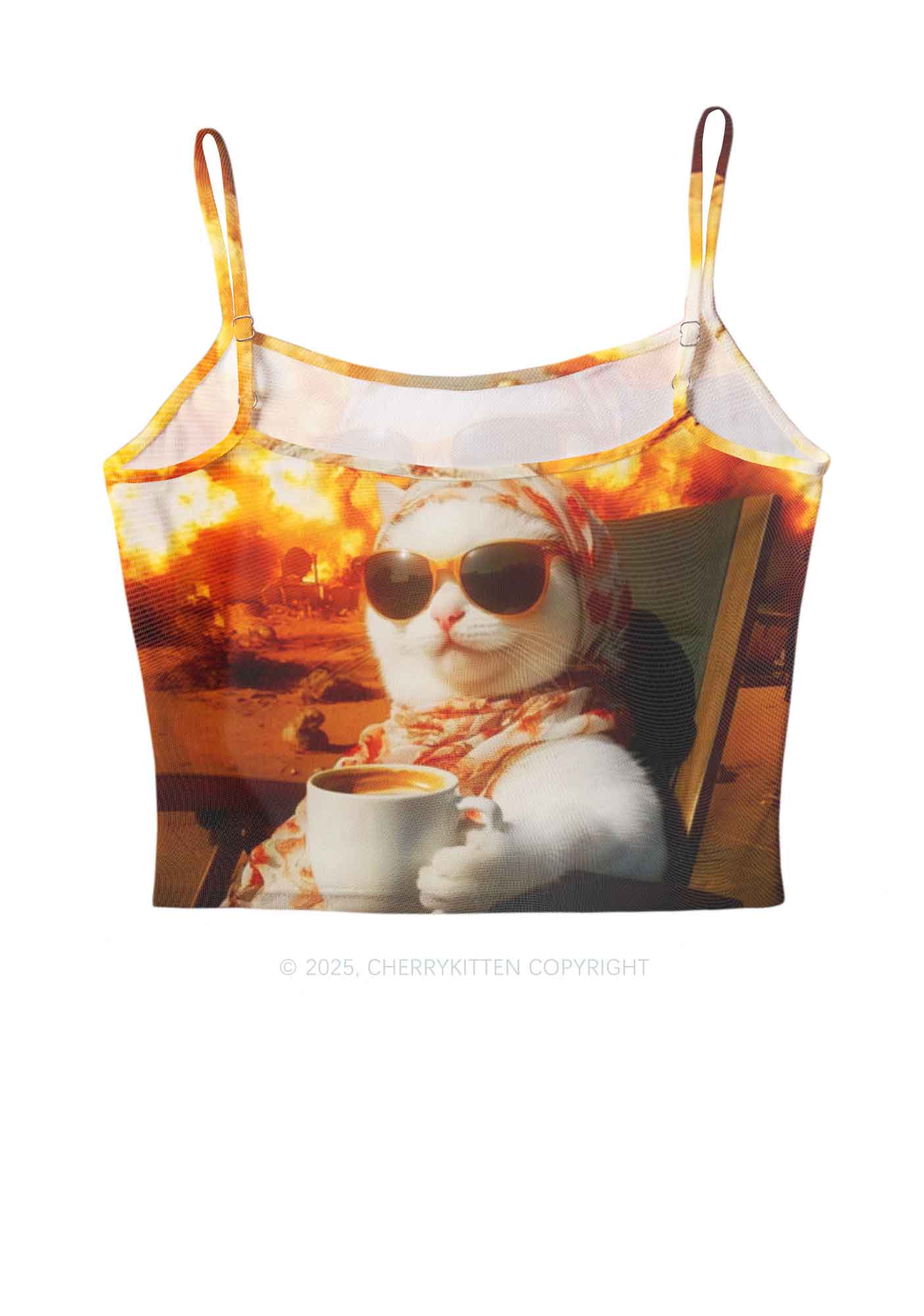 Cool Cat Enjoying Coffee Y2K Mesh Cami Tank Cherrykitten - Image 3