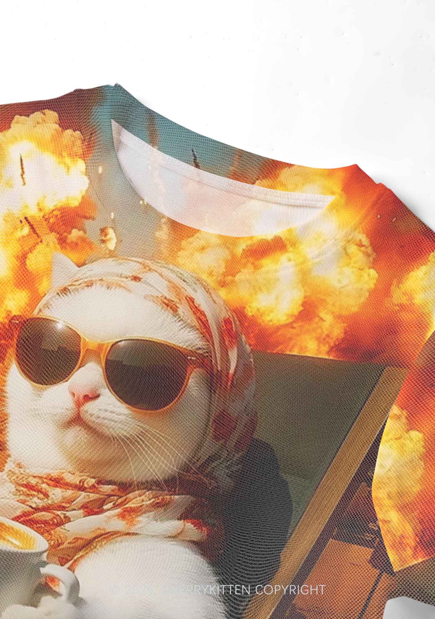 Cool Cat Enjoying Coffee Y2K Mesh Crop Top Cherrykitten - Image 3