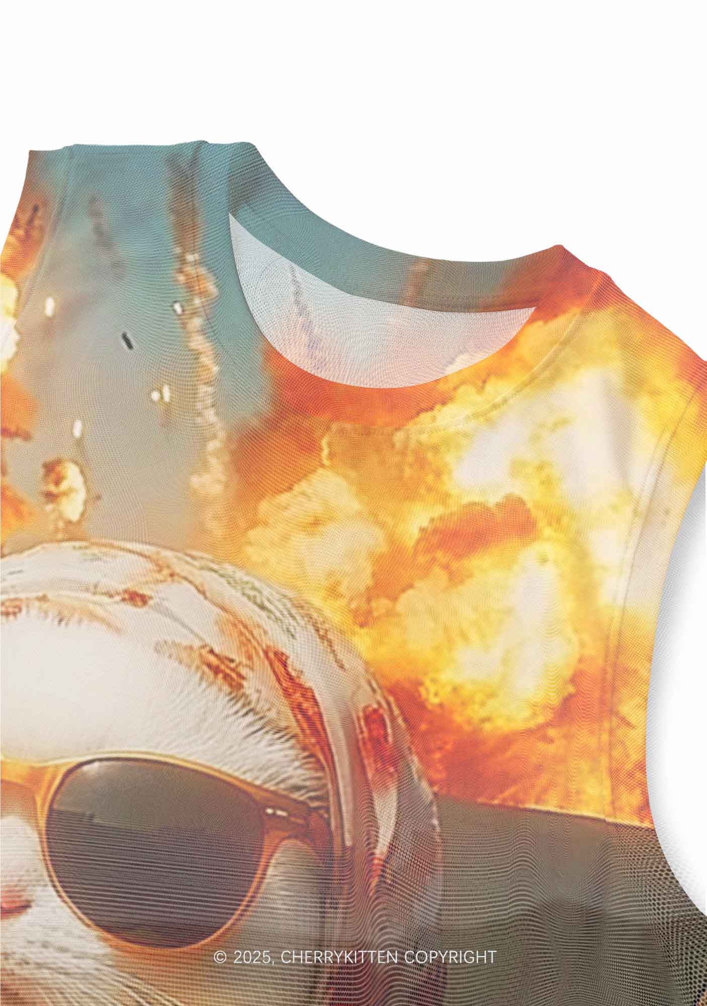 Cool Cat Enjoying Coffee Y2K Mesh Muscle Tank Cherrykitten - Image 3