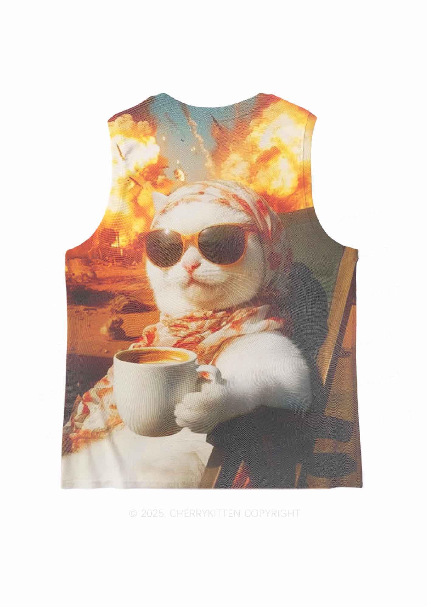 Cool Cat Enjoying Coffee Y2K Mesh Muscle Tank Cherrykitten - Image 4