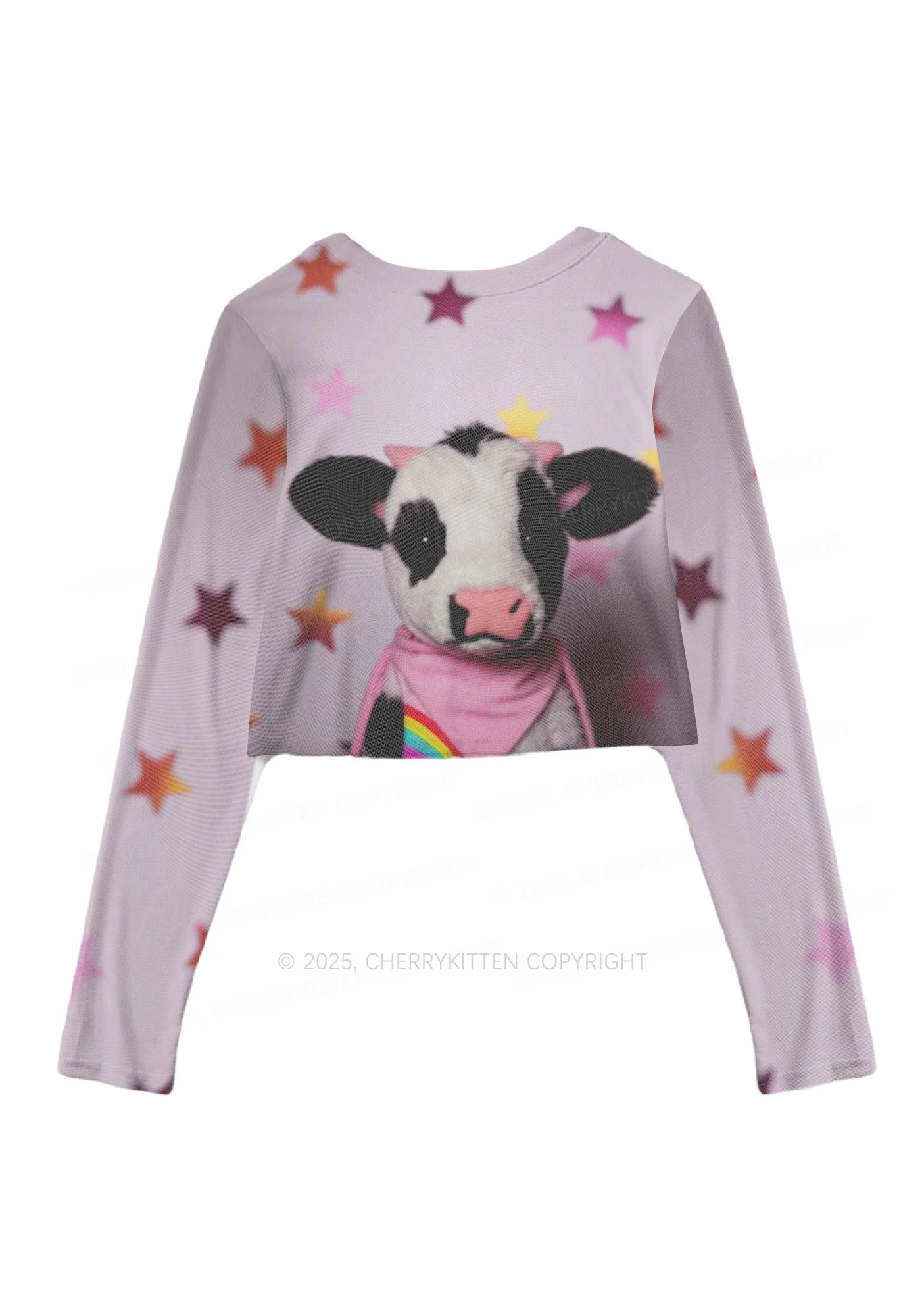 Cow Magic Stars Y2K Mesh Long Sleeve Crop Top Cherrykitten - Image 3