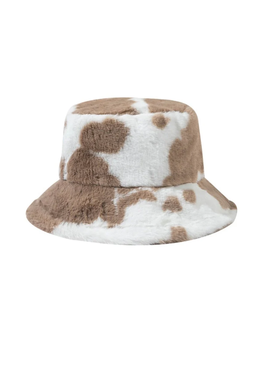 Cow Print Faux Wool Plush Bucket Hat - Image 3