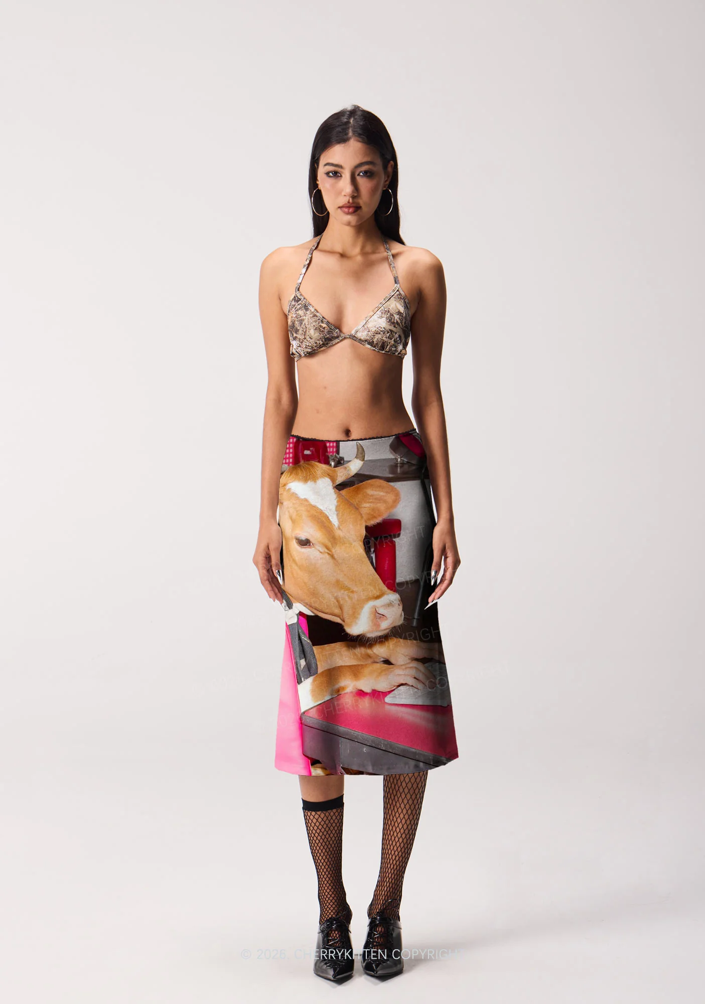 Cow Typing Keyboard Y2K Print Midi Skirt Cherrykitten - Image 2