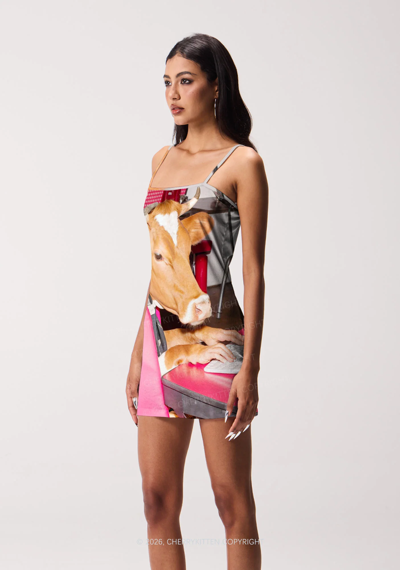 Cow Typing Keyboard Y2K Print Slip Dress Cherrykitten - Image 2