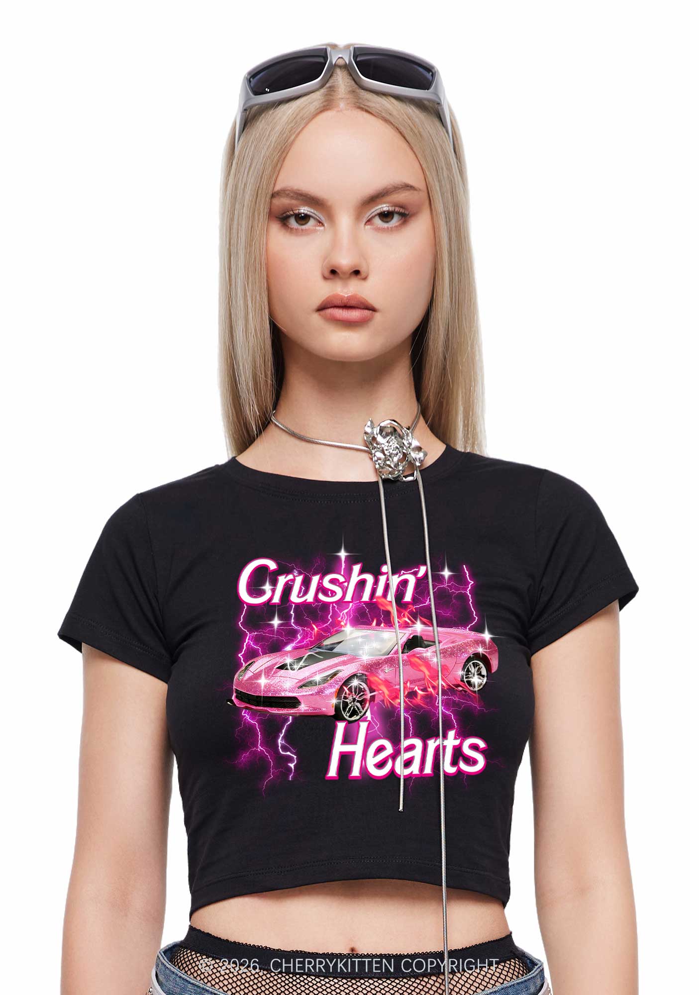 Crushin Hearts Valentine's Day Y2K Baby Tee Cherrykitten - Image 2