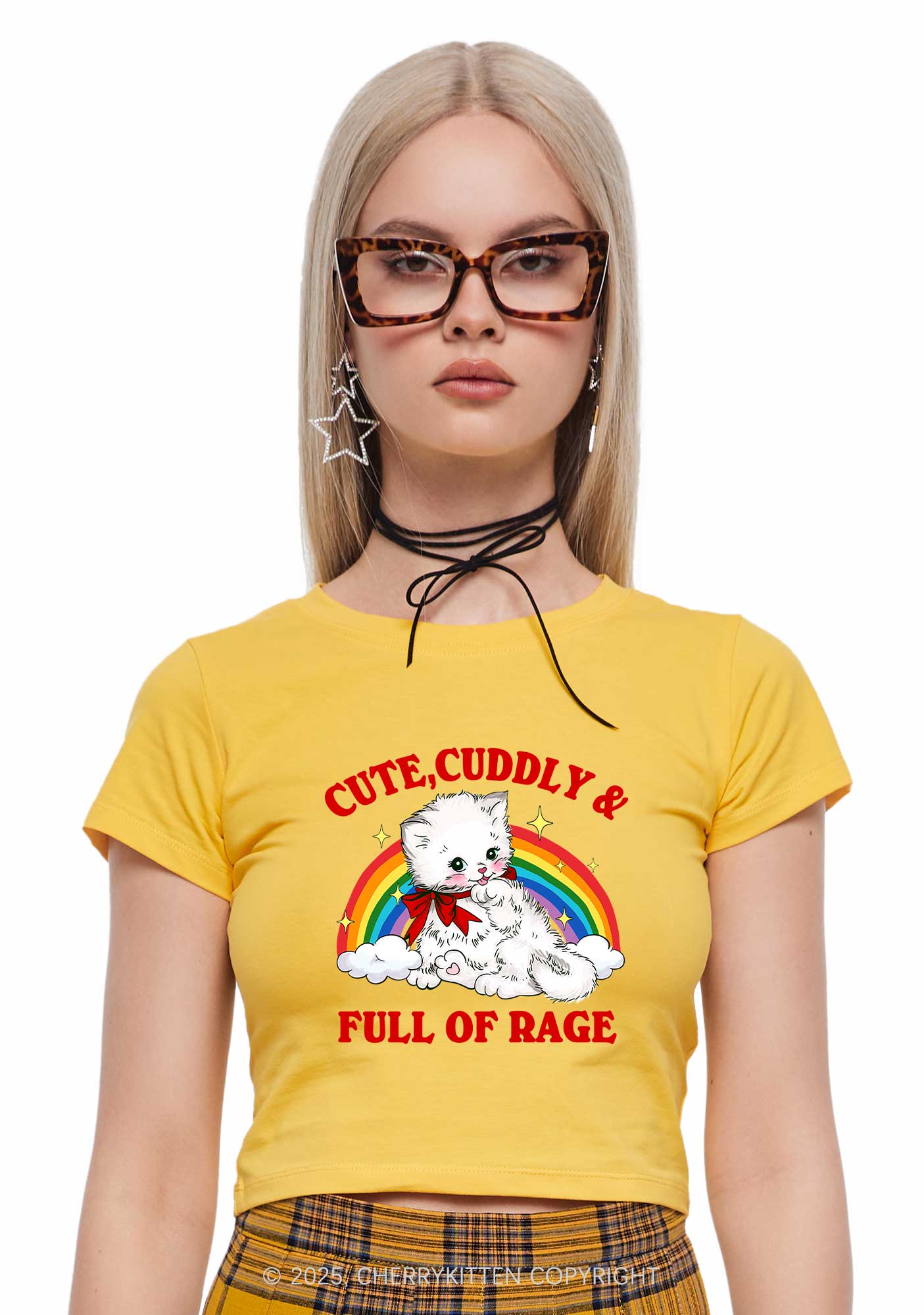 Cuddly Cat Full Of Rage Y2K Baby Tee Cherrykitten - Image 2