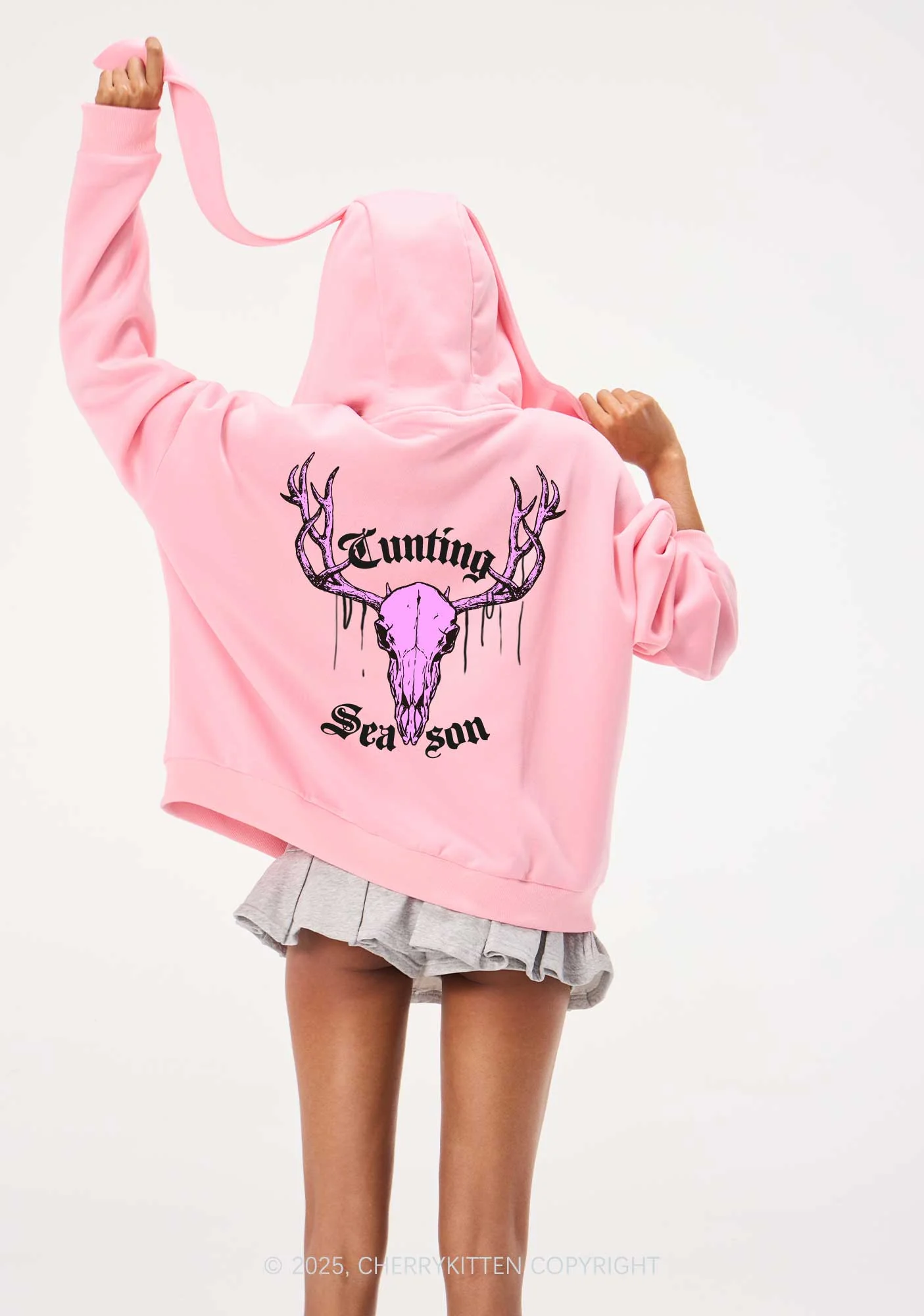 Cunting Season Skull Y2K Bunny Ear Zip Hoodie Cherrykitten - Image 2