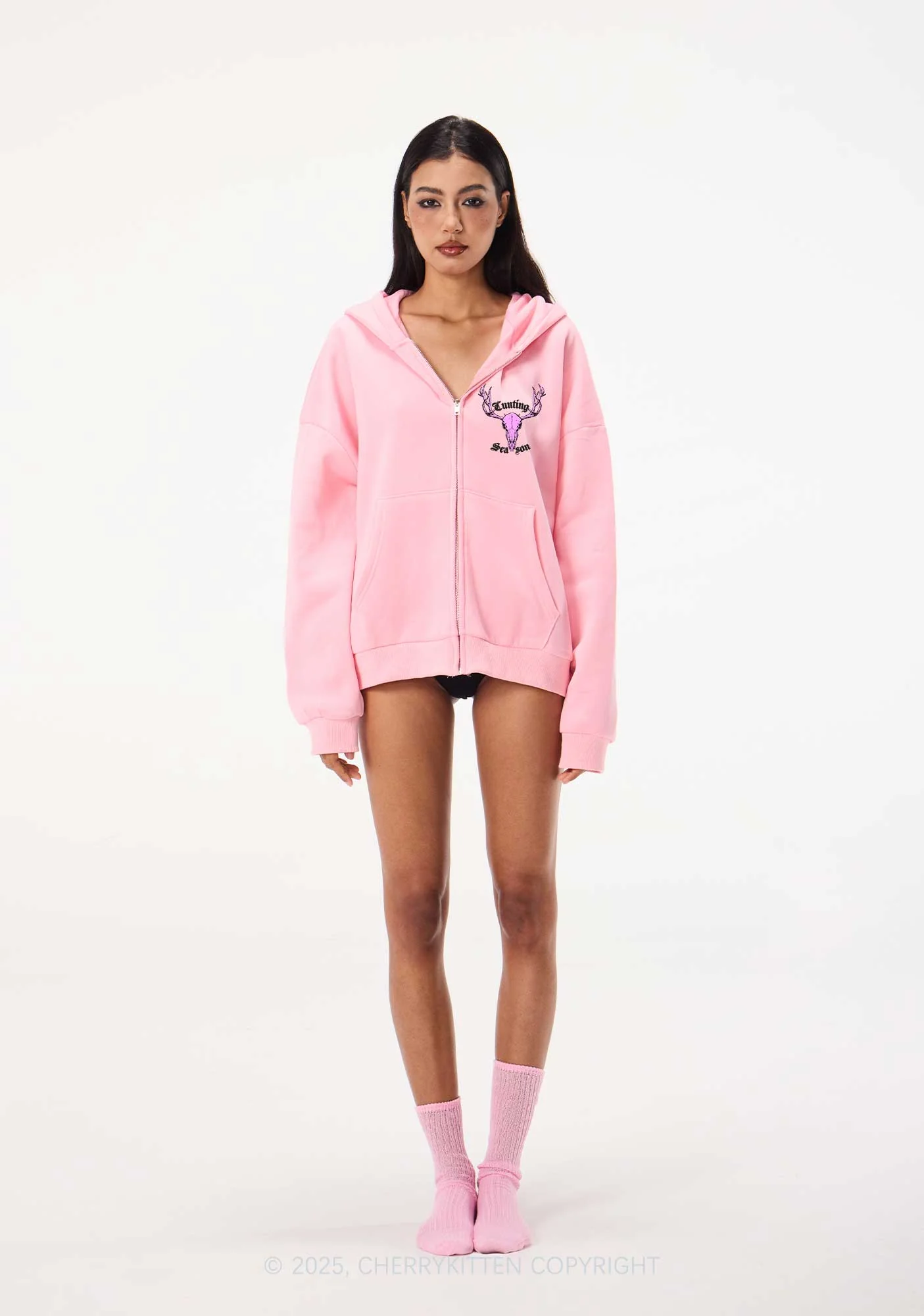 Cunting Season Skull Y2K Bunny Ear Zip Hoodie Cherrykitten - Image 3