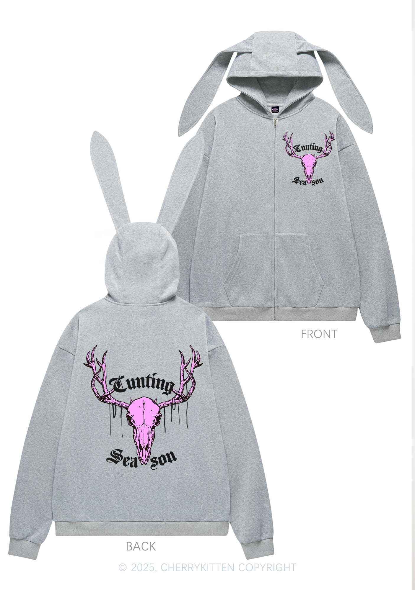 Cunting Season Skull Y2K Bunny Ear Zip Hoodie Cherrykitten - Image 4
