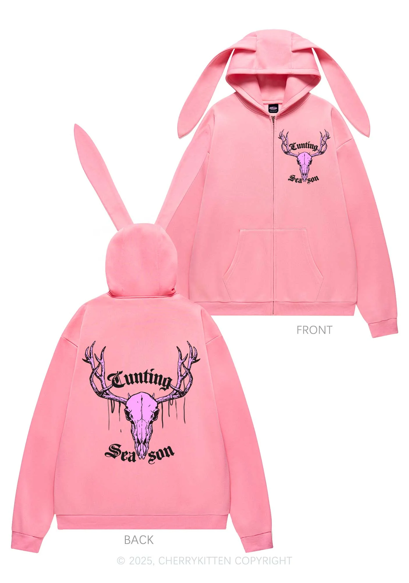Cunting Season Skull Y2K Bunny Ear Zip Hoodie Cherrykitten - Image 5