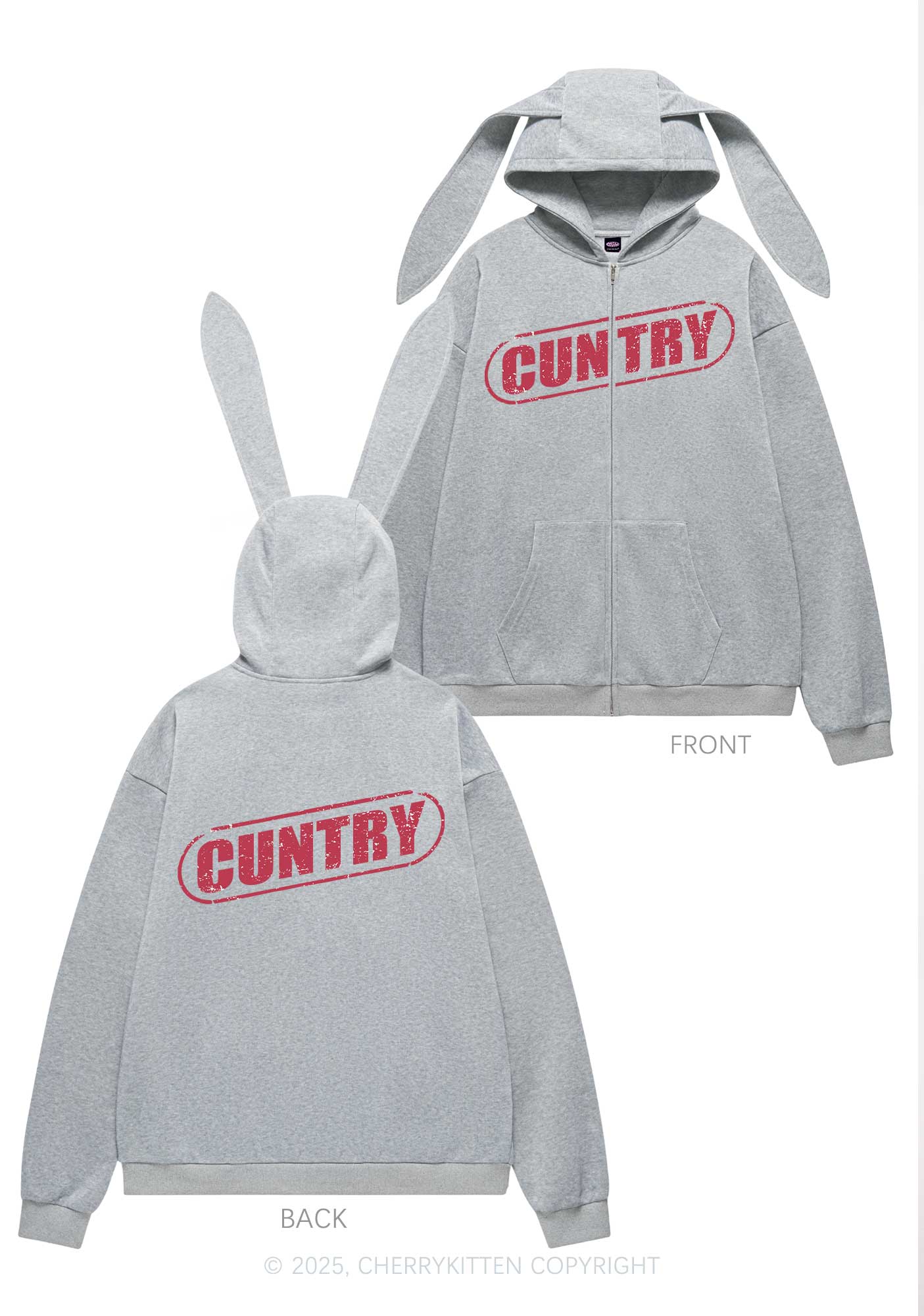 Cuntry Y2K Bunny Ear Zip Hoodie Cherrykitten - Image 4