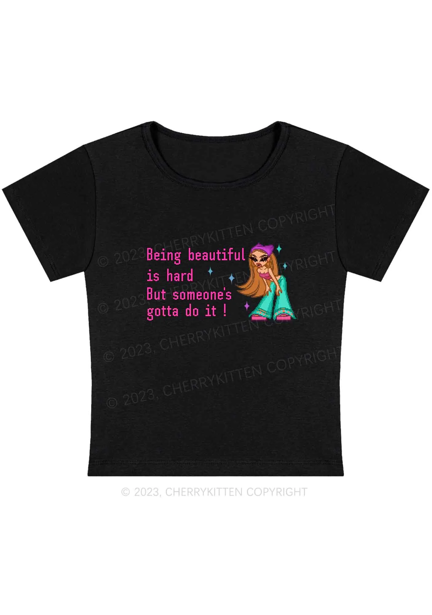Curvy Being Beautiful Is Hard Y2K Baby Tee Cherrykitten - Image 2