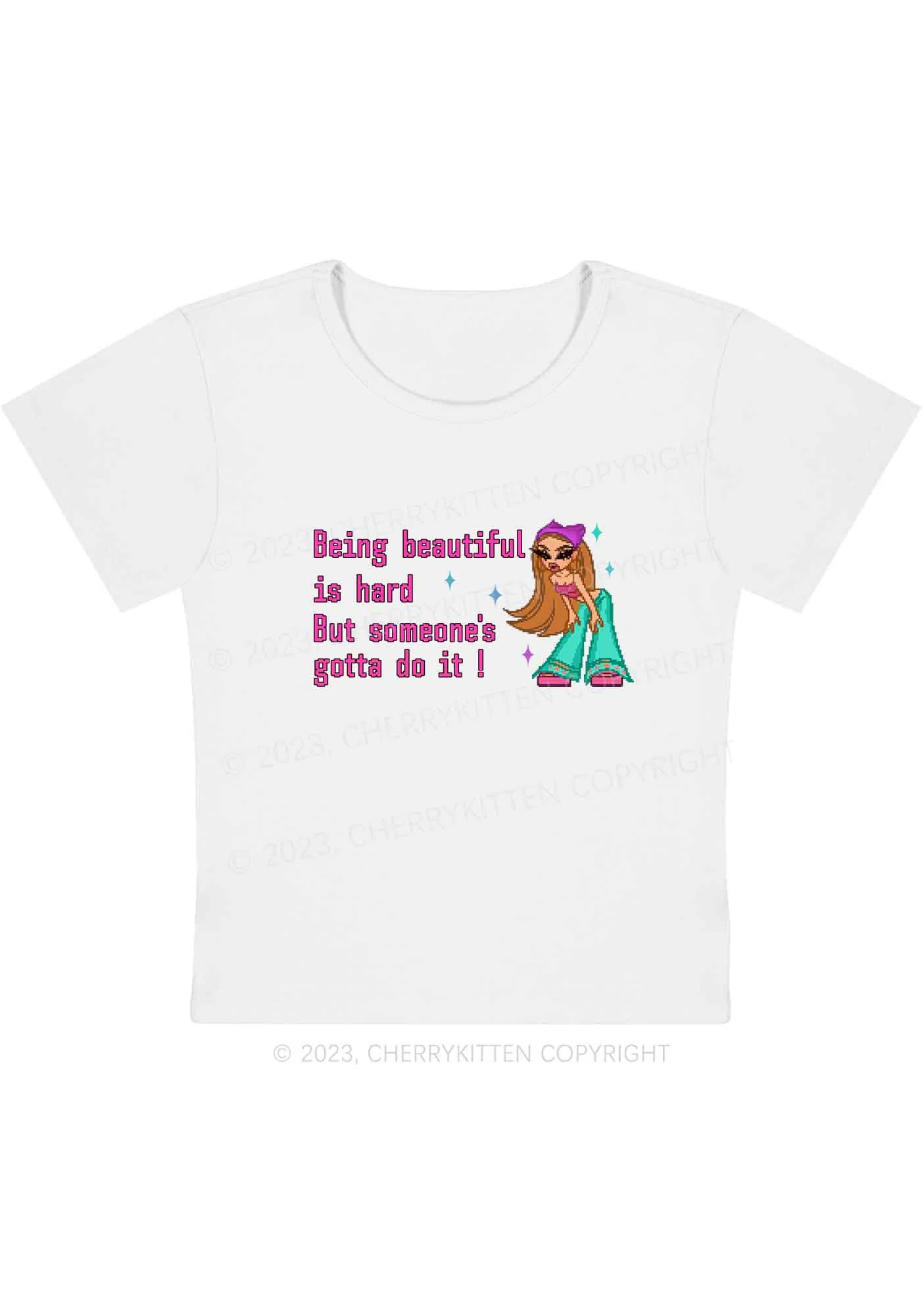 Curvy Being Beautiful Is Hard Y2K Baby Tee Cherrykitten - Image 3