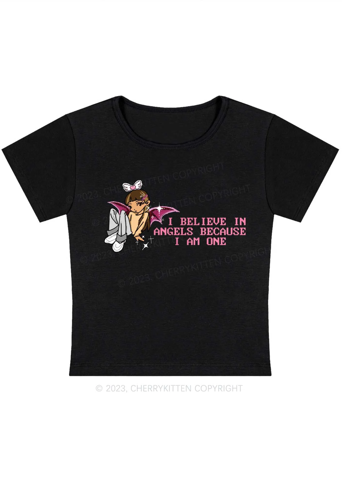 Curvy I Believe In Angels Because I Am One Y2K Baby Tee Cherrykitten - Image 2