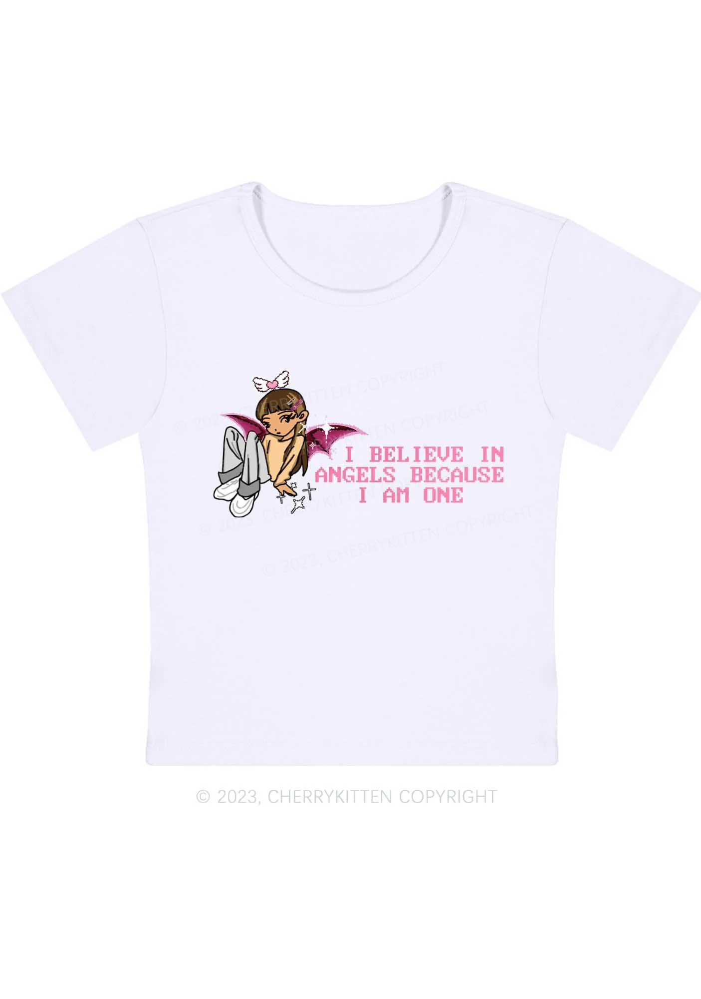 Curvy I Believe In Angels Because I Am One Y2K Baby Tee Cherrykitten - Image 3