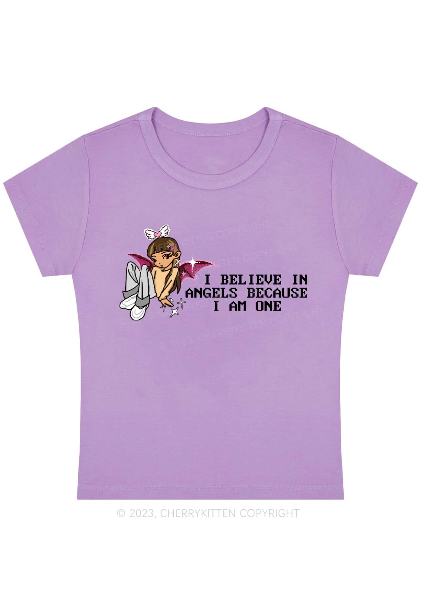 Curvy I Believe In Angels Because I Am One Y2K Baby Tee Cherrykitten - Image 4