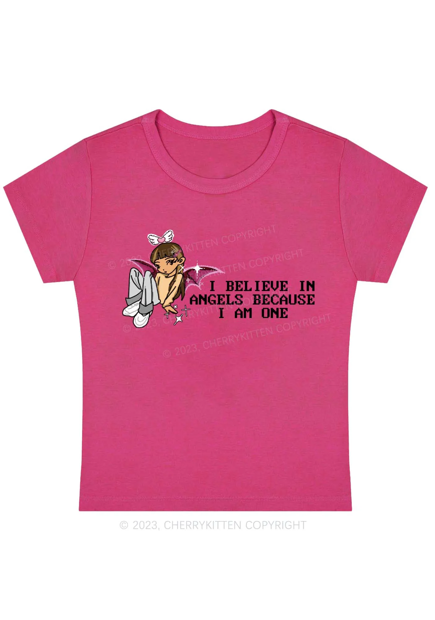 Curvy I Believe In Angels Because I Am One Y2K Baby Tee Cherrykitten - Image 5
