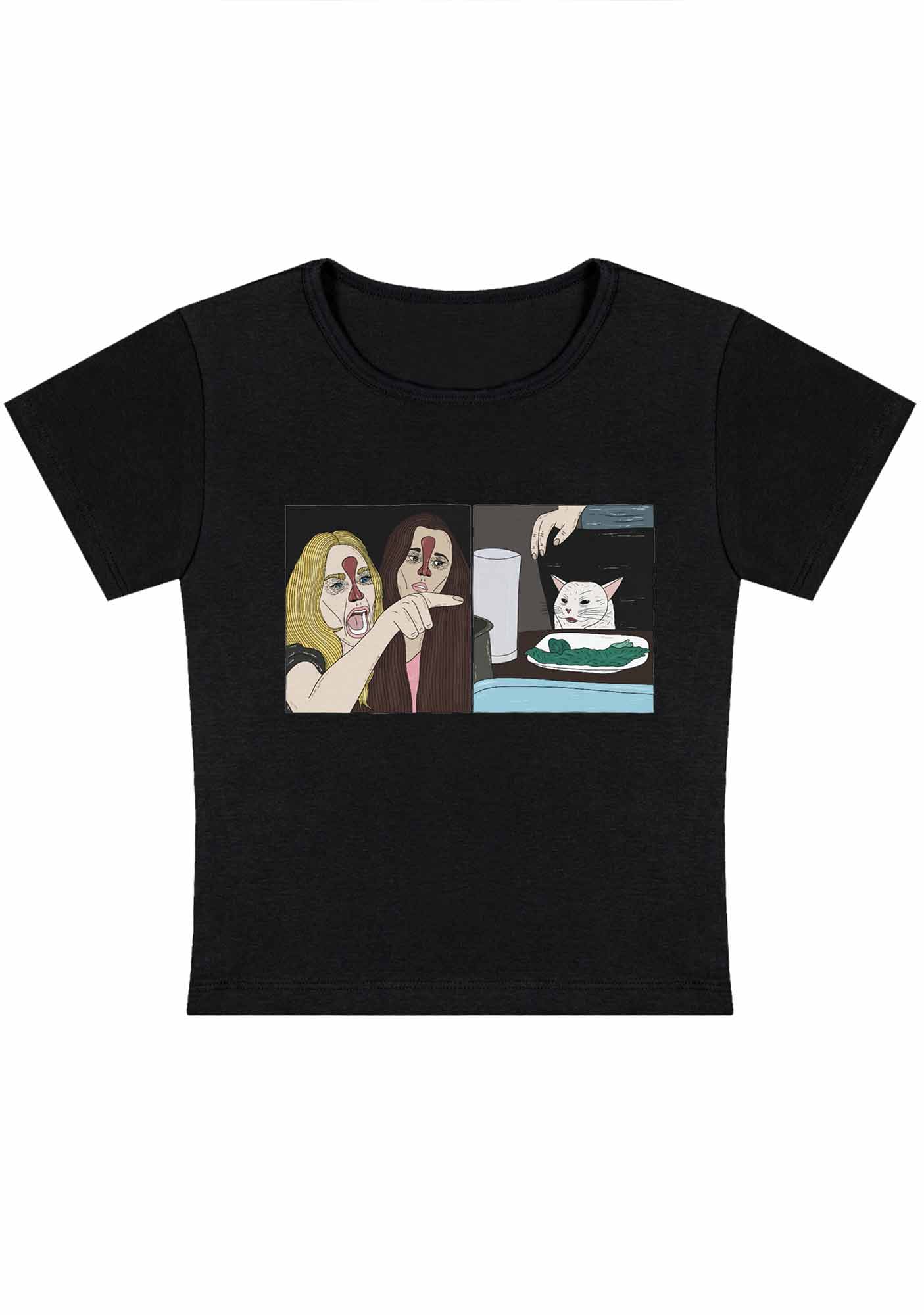 Curvy Quarreling Girls And White Cat Baby Tee - Image 4