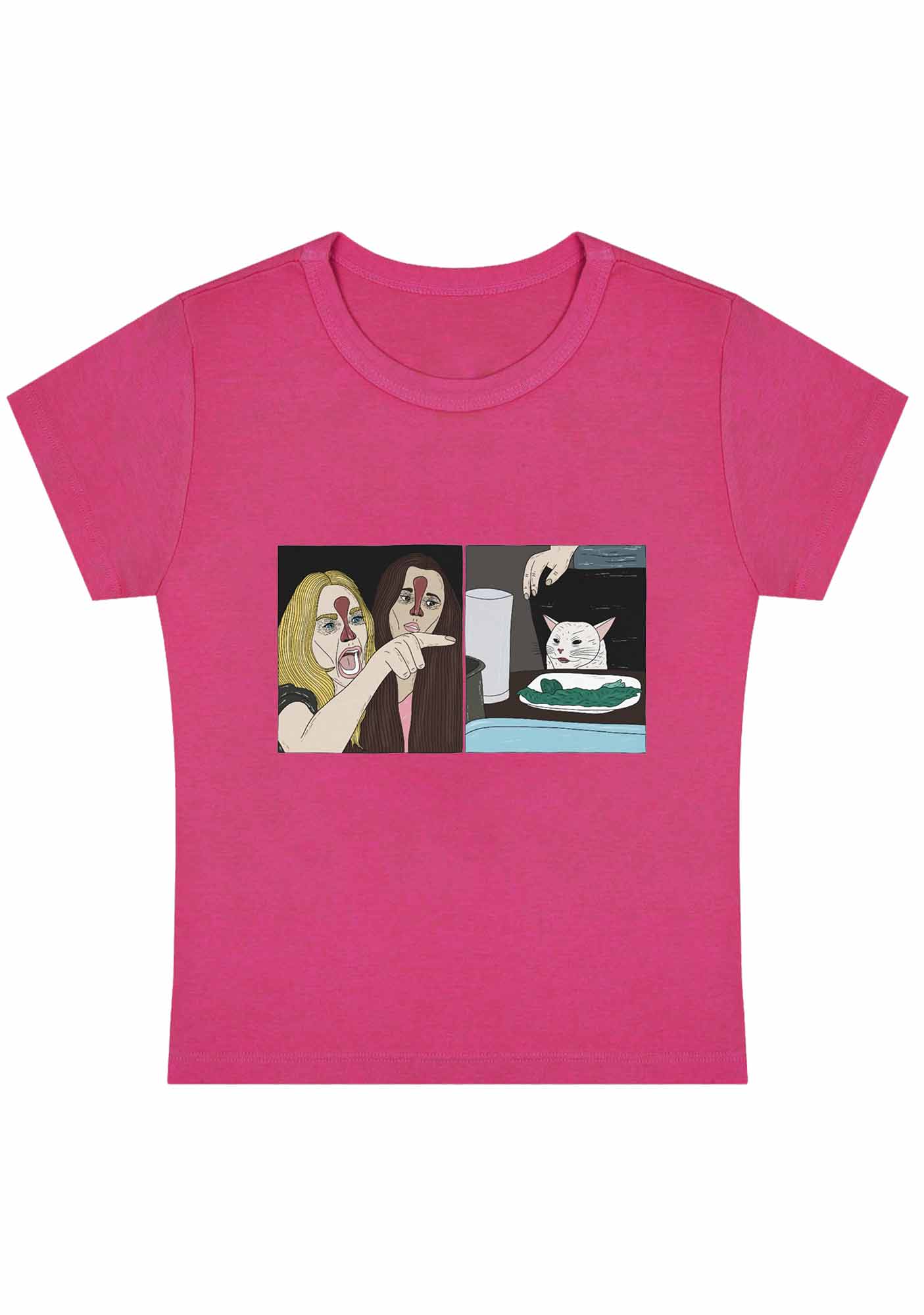 Curvy Quarreling Girls And White Cat Baby Tee - Image 5