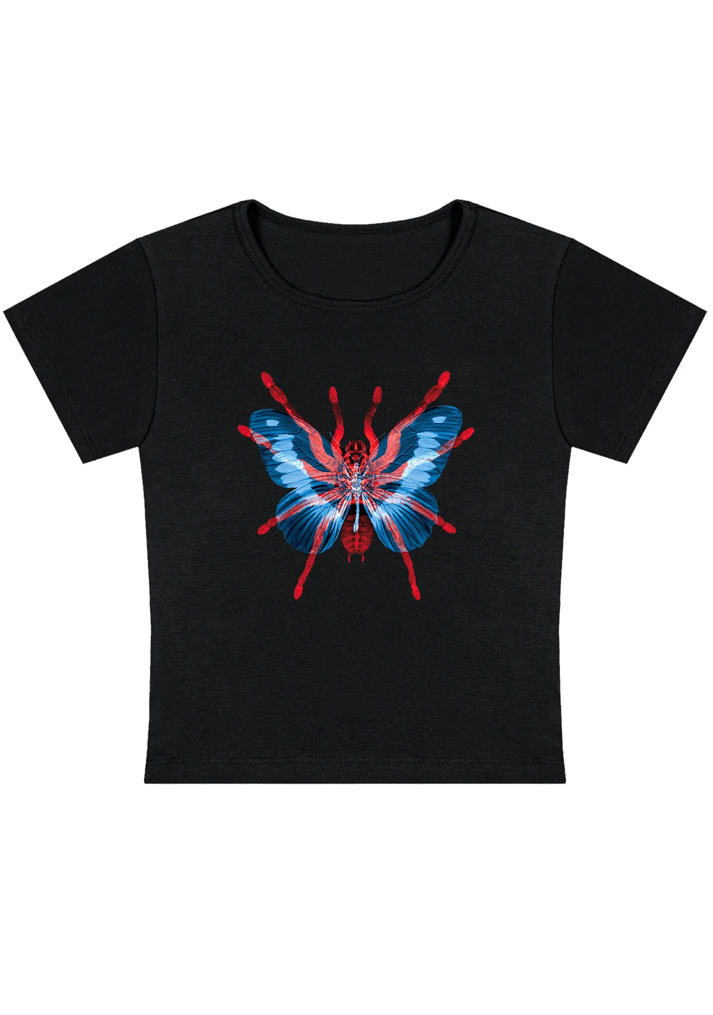 Curvy Red Blue Spider Fly Baby Tee - Image 3