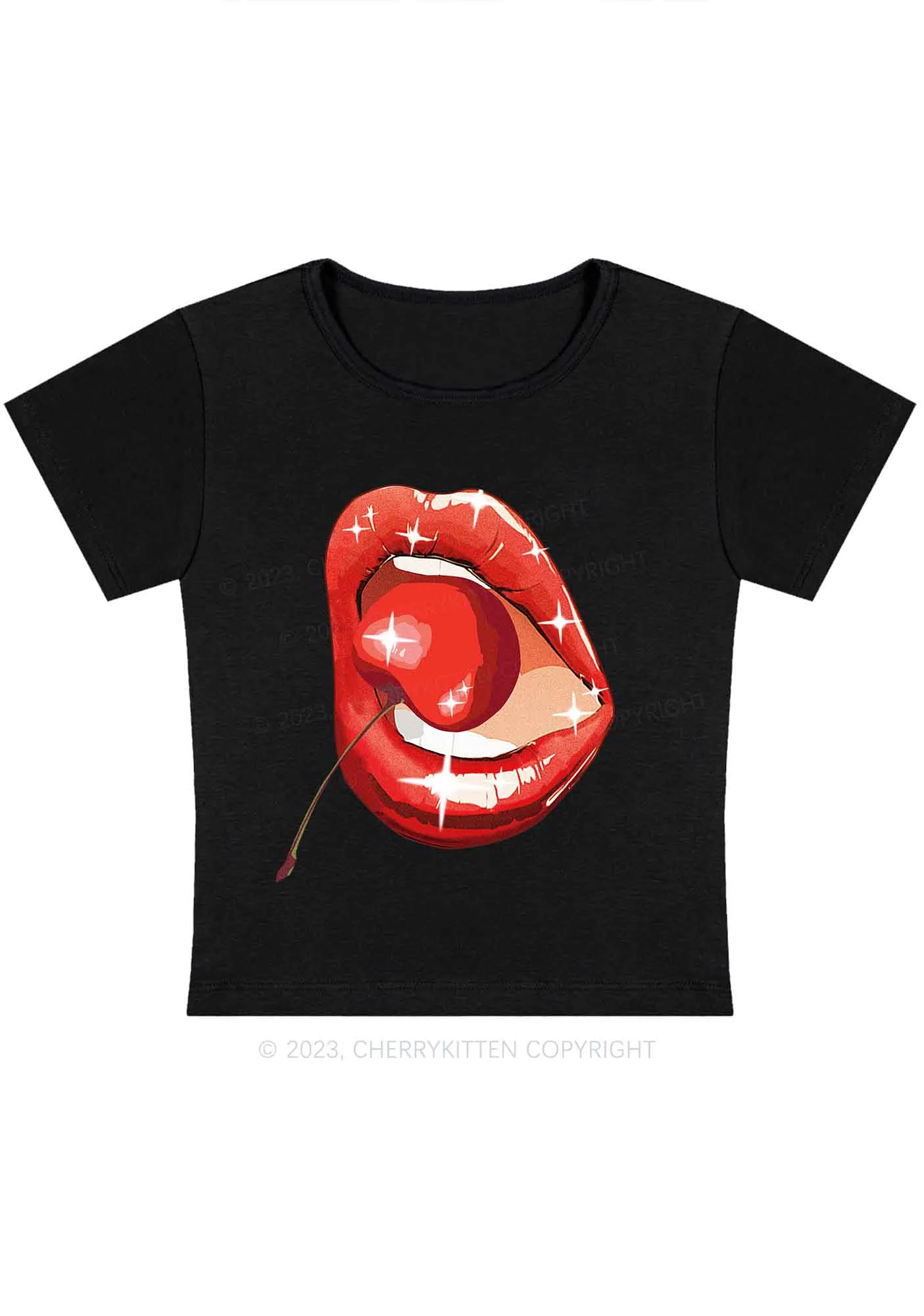 Curvy Red Cherry Lipstick Y2K Baby Tee Cherrykitten - Image 2