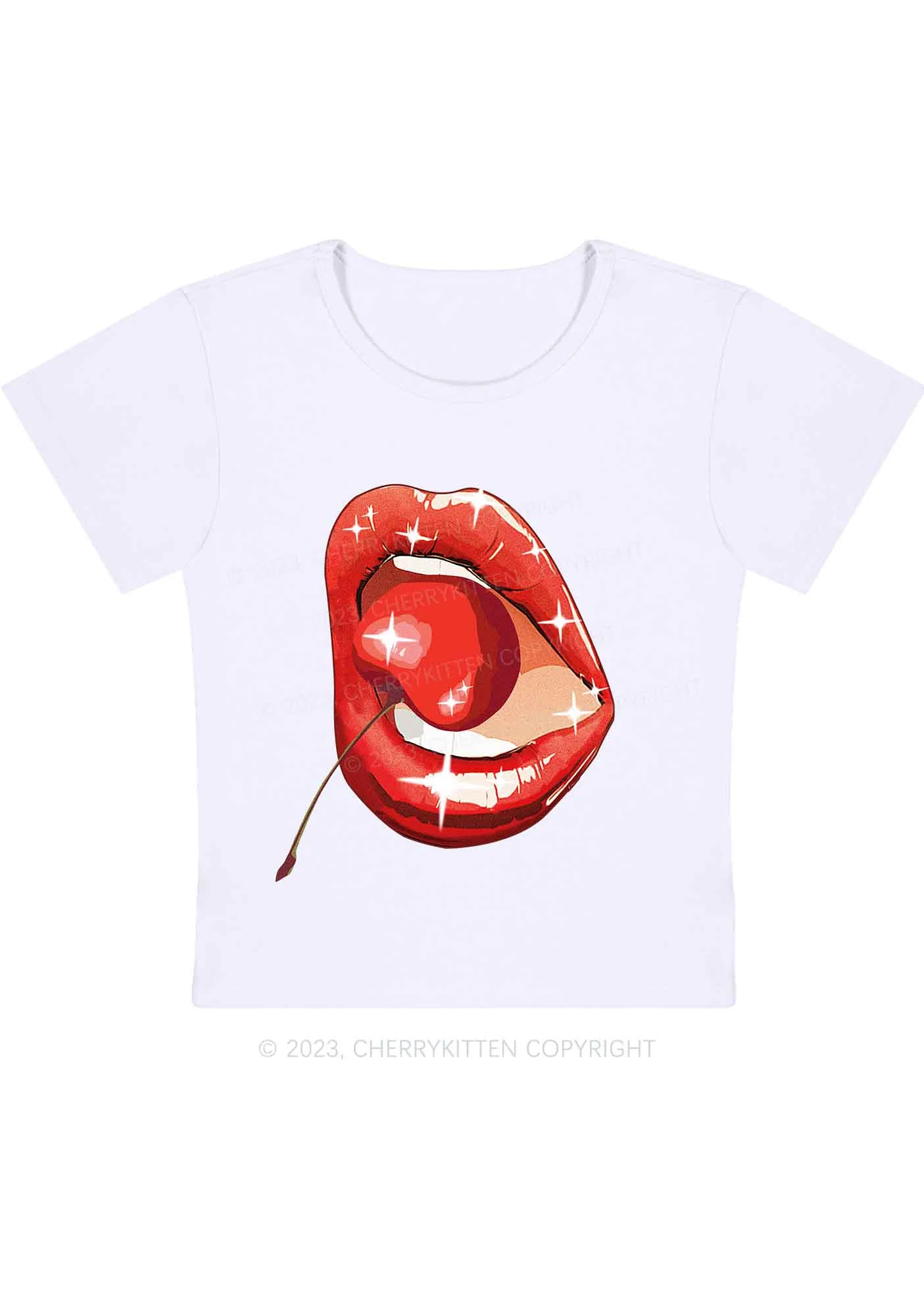 Curvy Red Cherry Lipstick Y2K Baby Tee Cherrykitten - Image 3