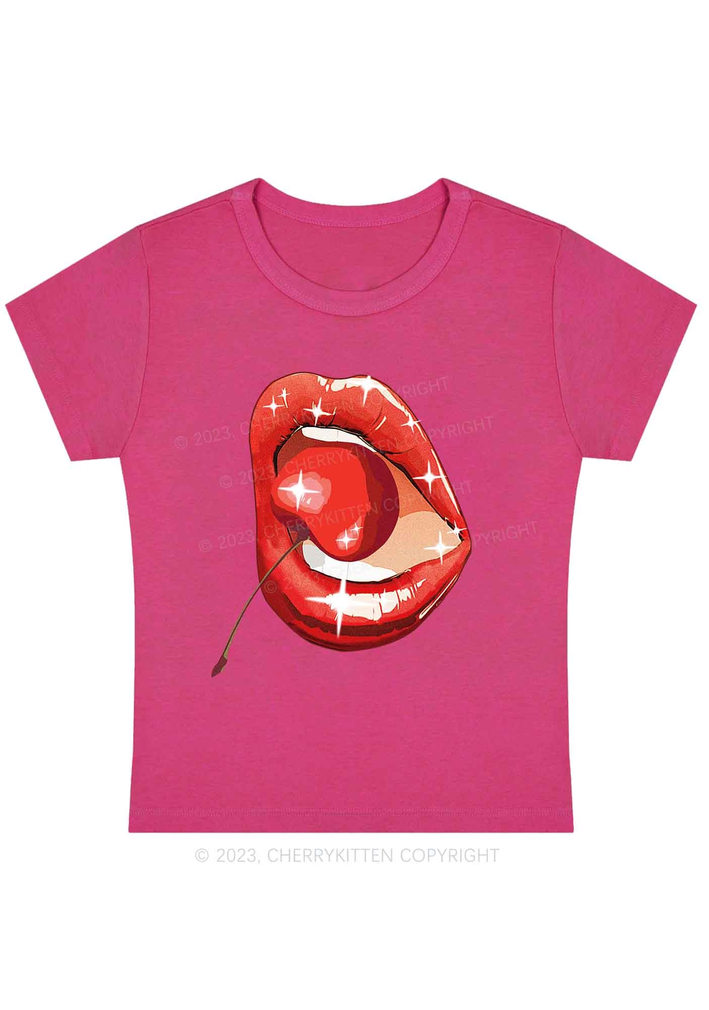 Curvy Red Cherry Lipstick Y2K Baby Tee Cherrykitten - Image 5