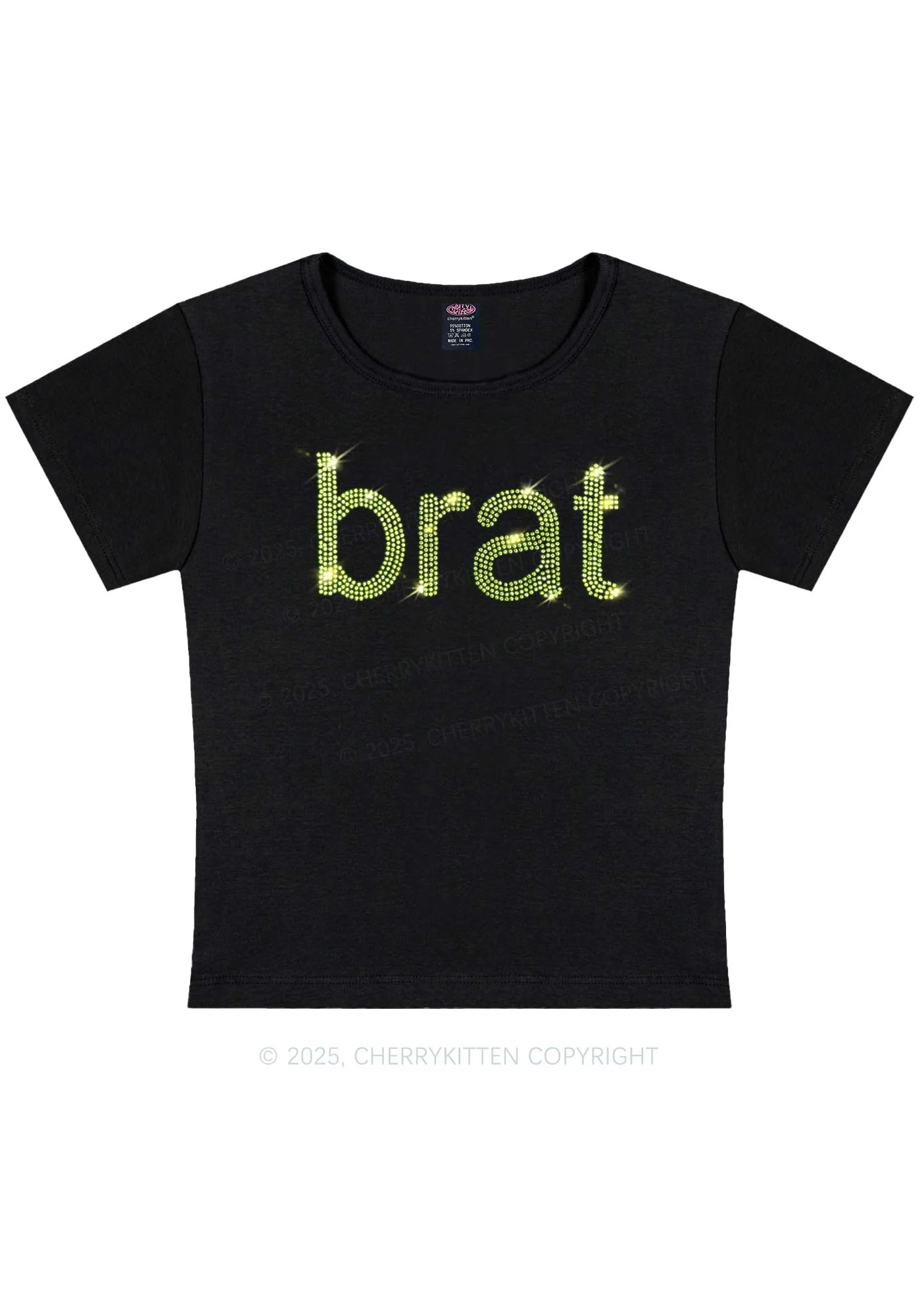 Curvy Rhinestone Green Brat Y2K Baby Tee Cherrykitten - Image 2