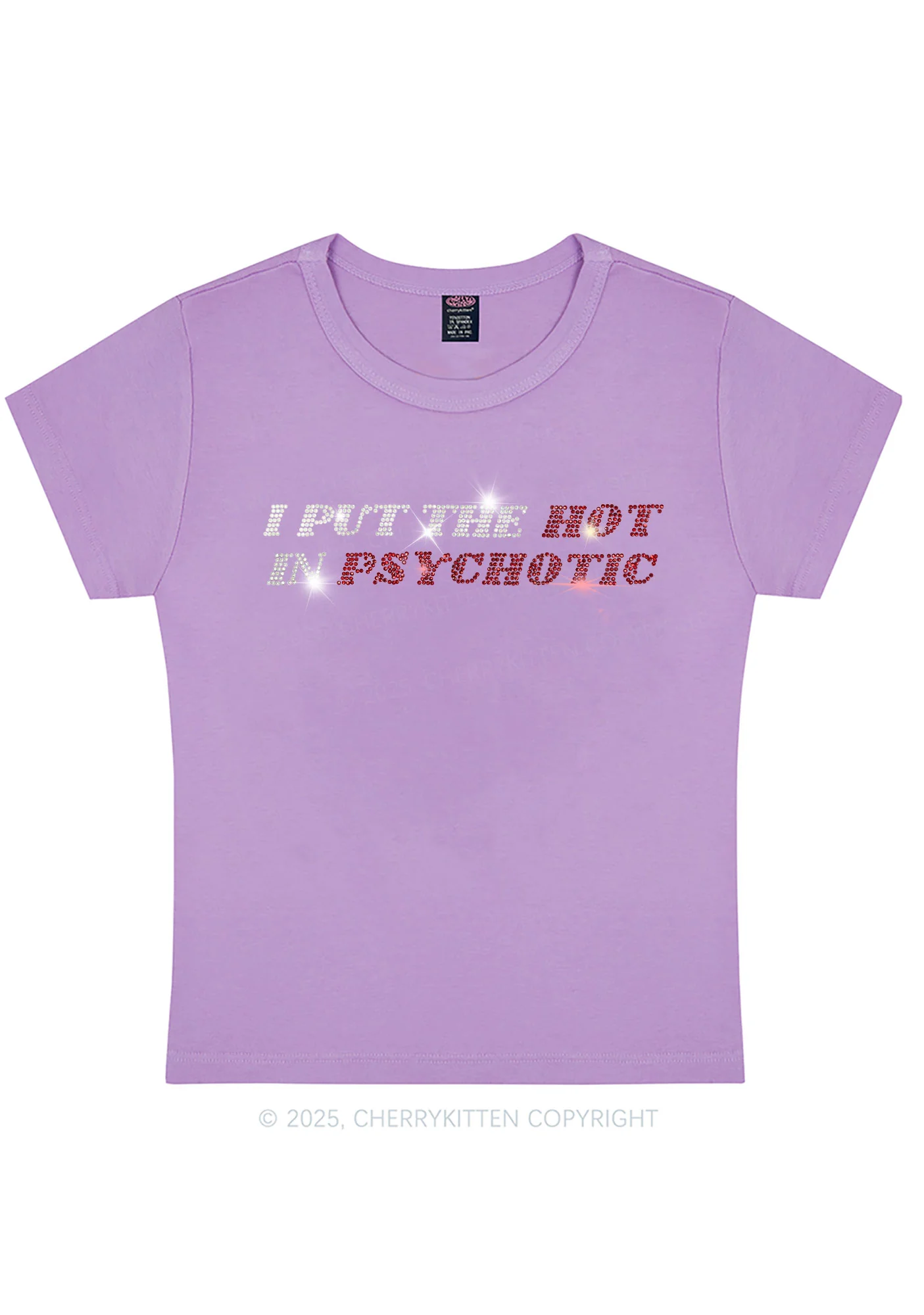 Curvy Rhinestone I Put The Hot In Psychotic Y2K Baby Tee Cherrykitten - Image 3