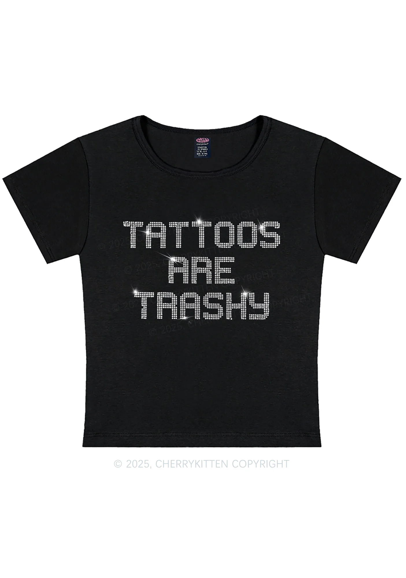 Curvy Rhinestone Tattoos Are Trashy Y2K Baby Tee Cherrykitten - Image 2
