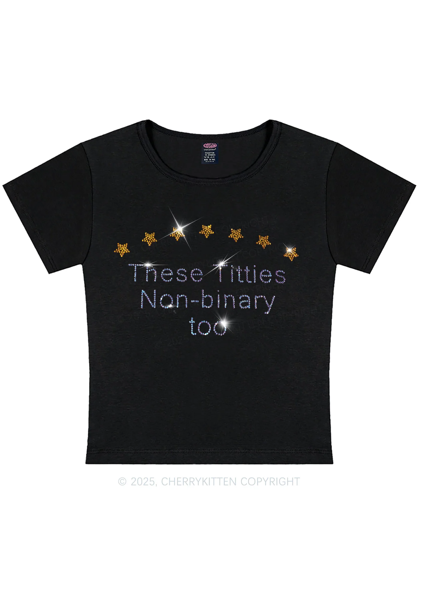 Curvy Rhinestone Txtties Nonbinary Too Y2K Baby Tee Cherrykitten - Image 3