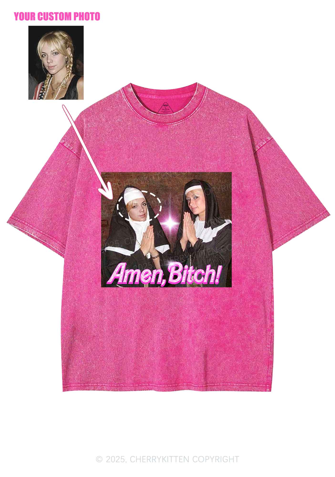 Custom Amen Bxtch Y2K Shirts Washed Tee Cherrykitten - Image 3