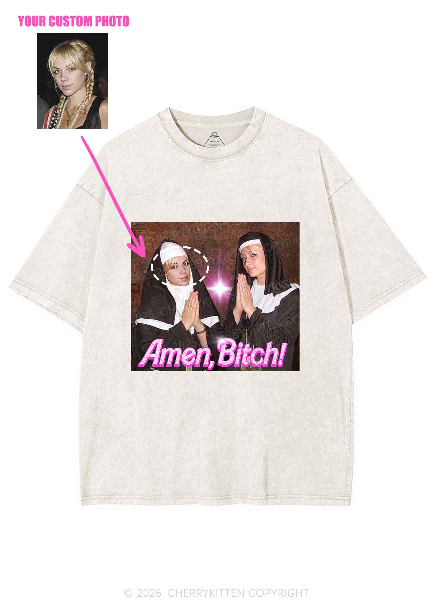 Custom Amen Bxtch Y2K Shirts Washed Tee Cherrykitten - Image 4