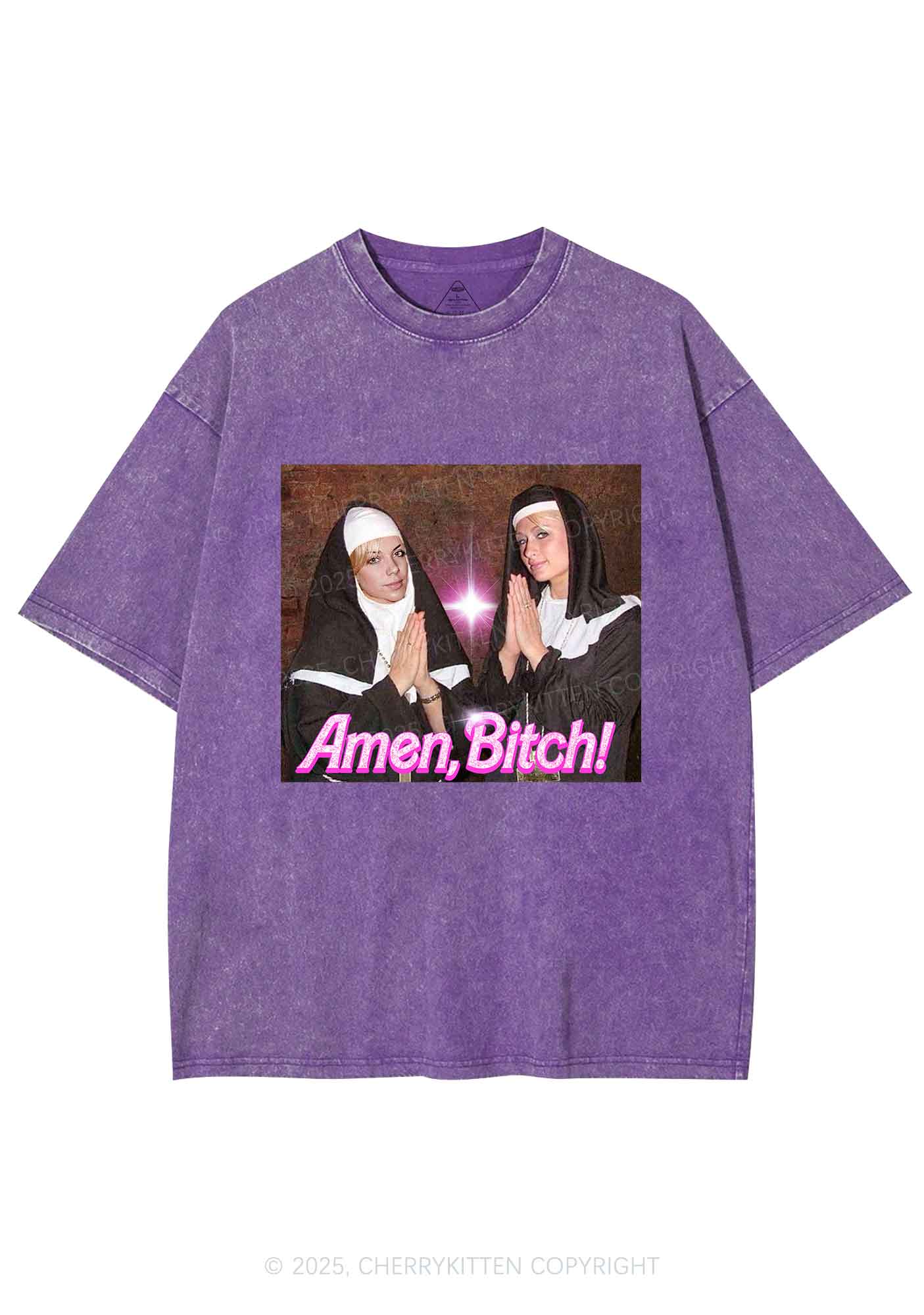 Custom Amen Bxtch Y2K Shirts Washed Tee Cherrykitten - Image 5