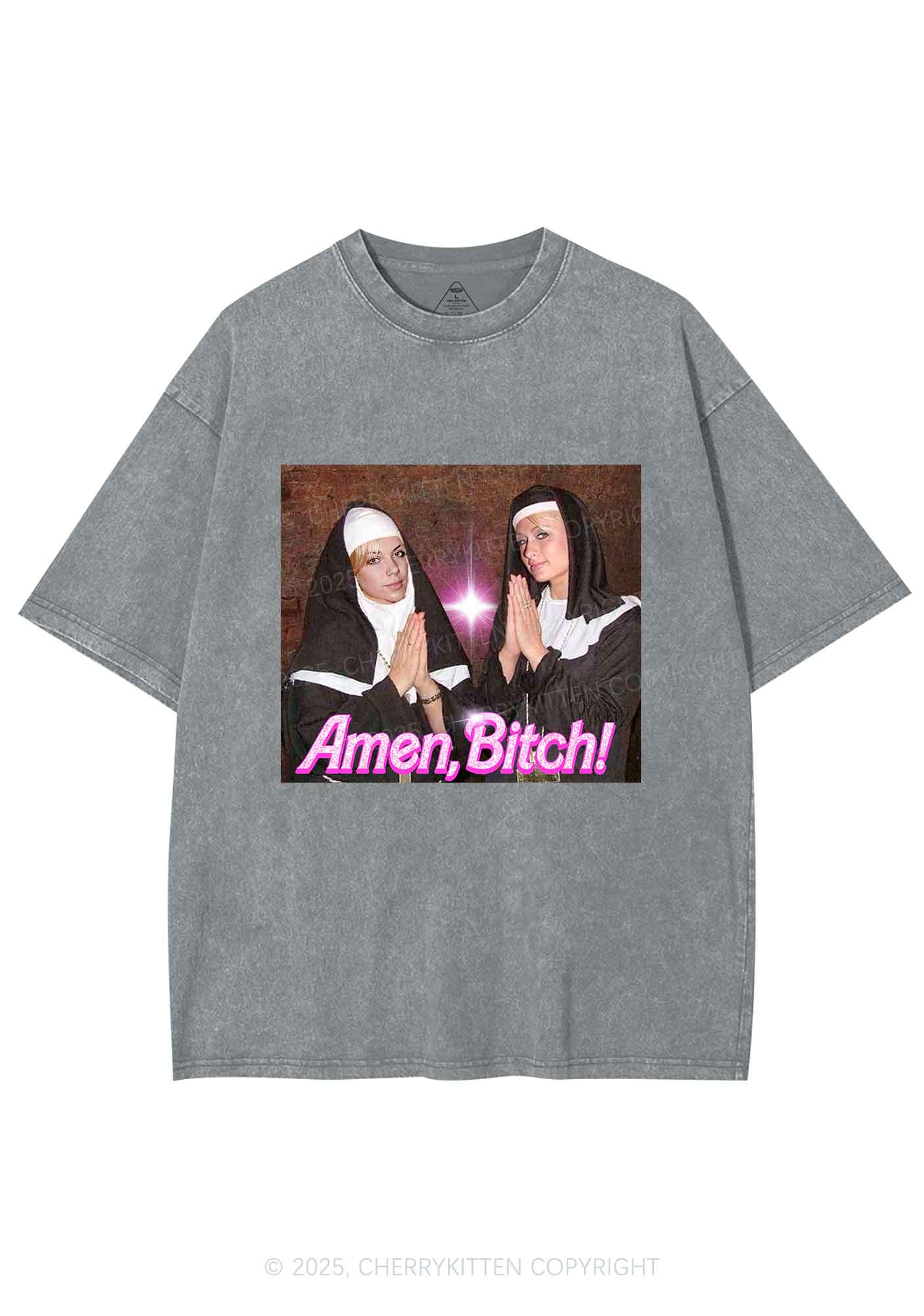 Custom Amen Bxtch Y2K Shirts Washed Tee Cherrykitten - Image 6